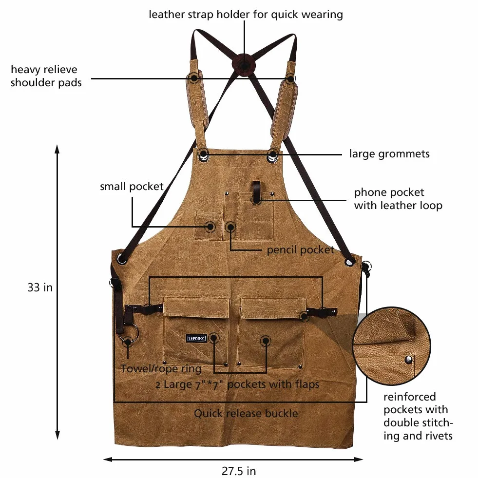 LEFOR·Z Work Apron for Men, Heavy Duty Waxed Canvas Tool Apron for Carpenter, Woodworker with Cross-Back Straps, Adjustable M to XXL