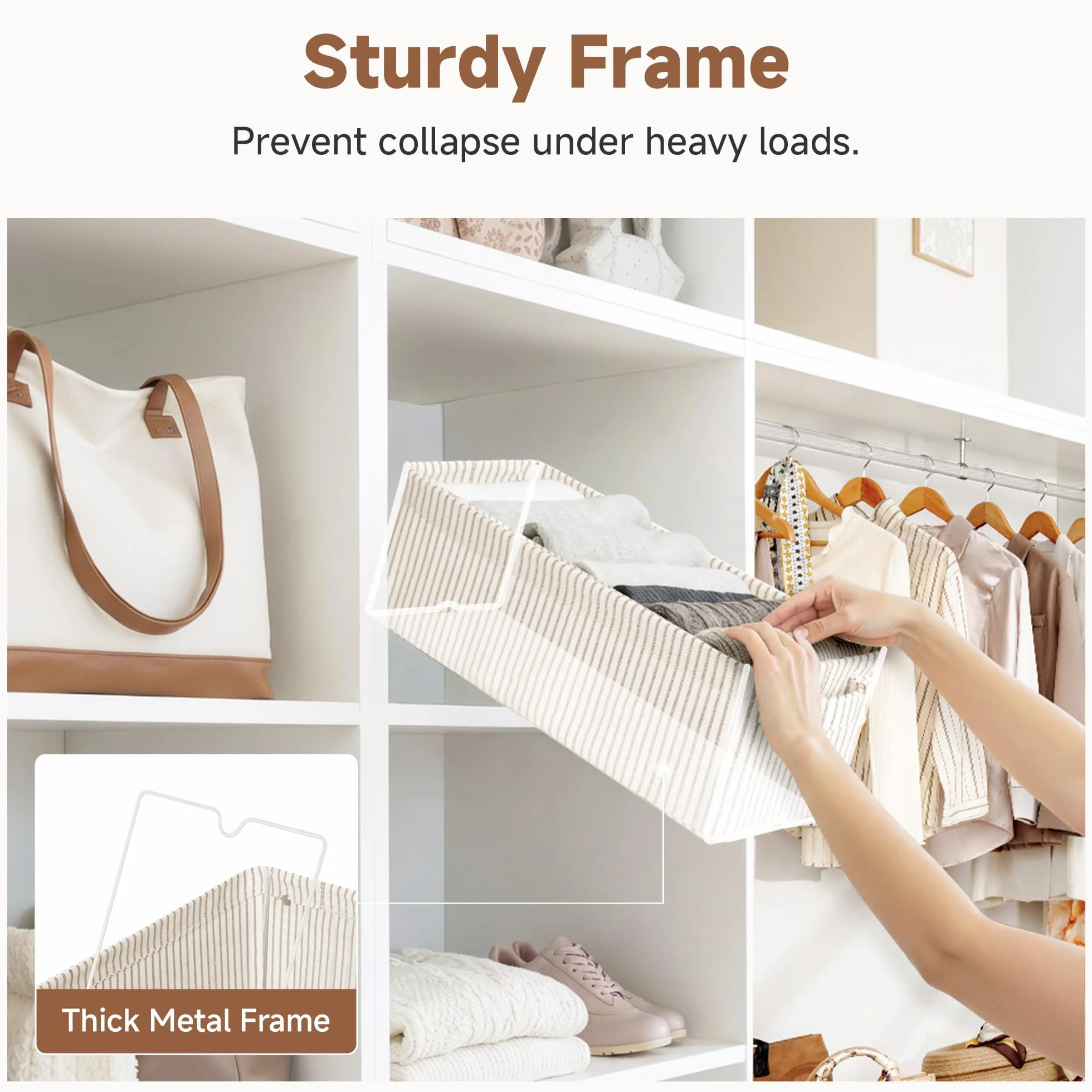 StorageWorks Cestas de almacenamiento estrechas, cajas largas con asas para organizar el armario, pack de 2, rayas beige
