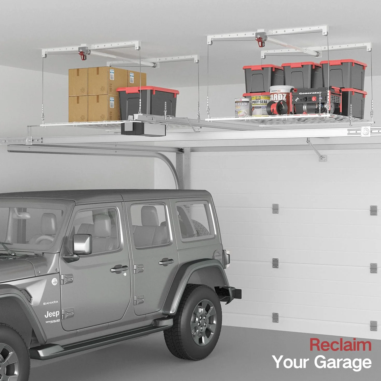 Elevador de almacenamiento de techo de 4 x 4 pies, sistema de almacenamiento de garaje montado de alta resistencia, capacidad de 250 libras (blanco)