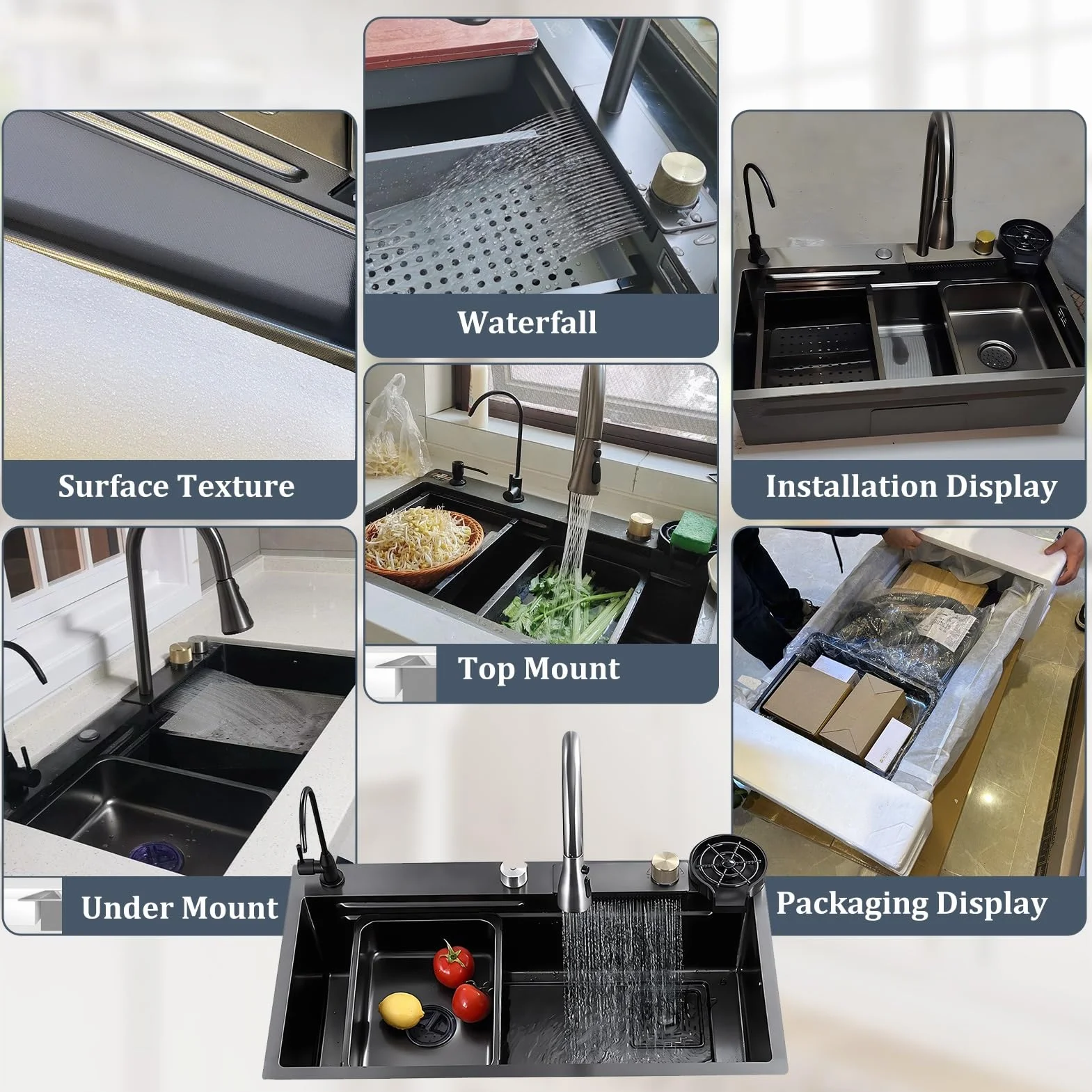 50 Cm De Ancho Fregadero De Cocina Con Grifo Cocina Extraible, 1 Cubeta De Acero Inoxidable Nanorrevestimiento, Fregadero Negro Con Cascada Así Como Otros Accesorios(Black-Grey B,85x50cm)