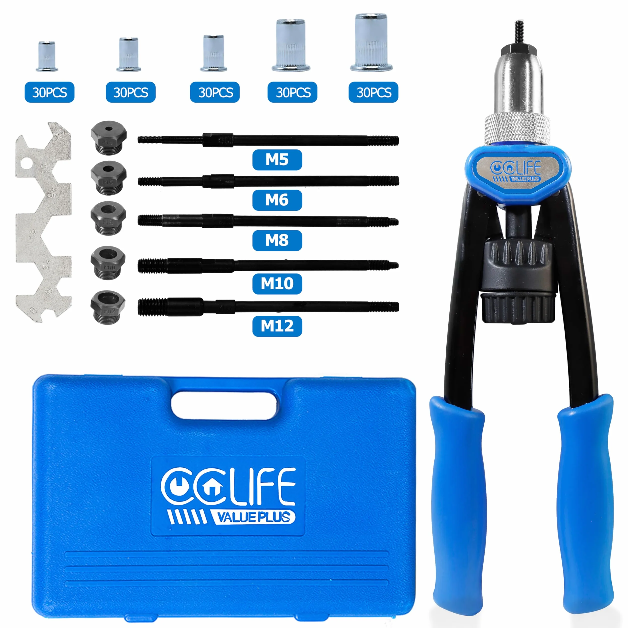 CCLIFE Remachadora de Tuercas, con 150 Tuercas M5 M6 M8 M10 M12 Remachables, Remachado de Roscas
