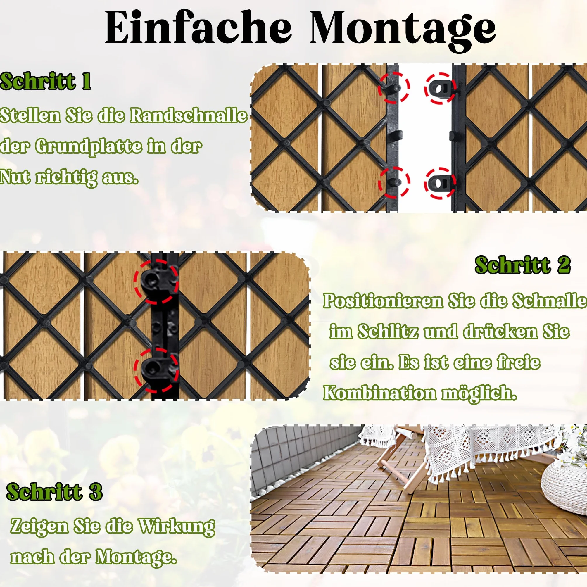 XMTECH Baldosas de madera de 1 m² con clic, de madera de acacia, azulejos de balcón, juego de 11 unidades, 30 x 30 cm, con sistema de drenaje y sistema de clic (modelo B)