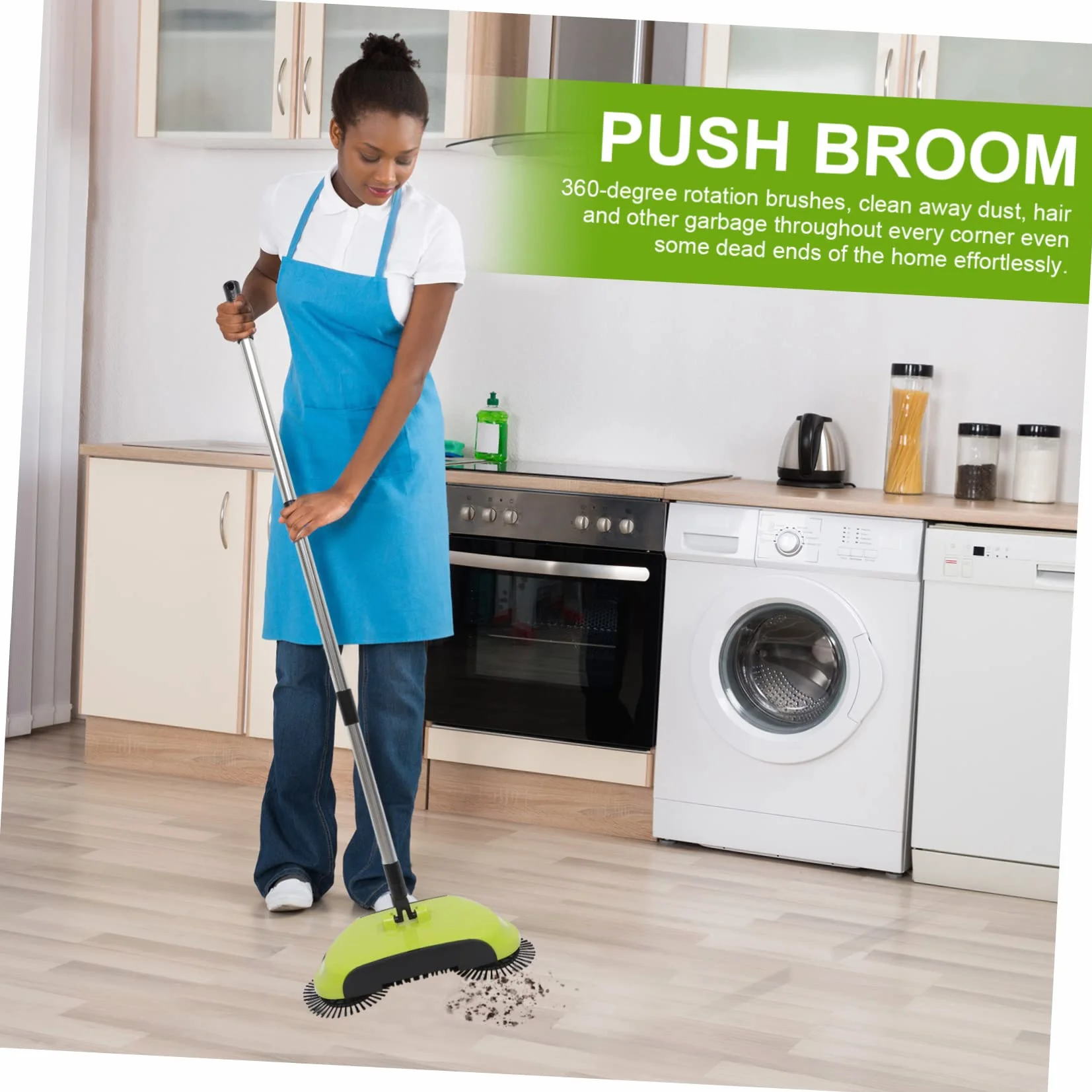 Ciieeo Barredora de Mano Hogar para Limpieza de Pisos Duros y Escoba de Empuje 360° Ajustable Abs y Acero Inoxidable sin Electricidad Recogedor Cubo Cerrado Verde