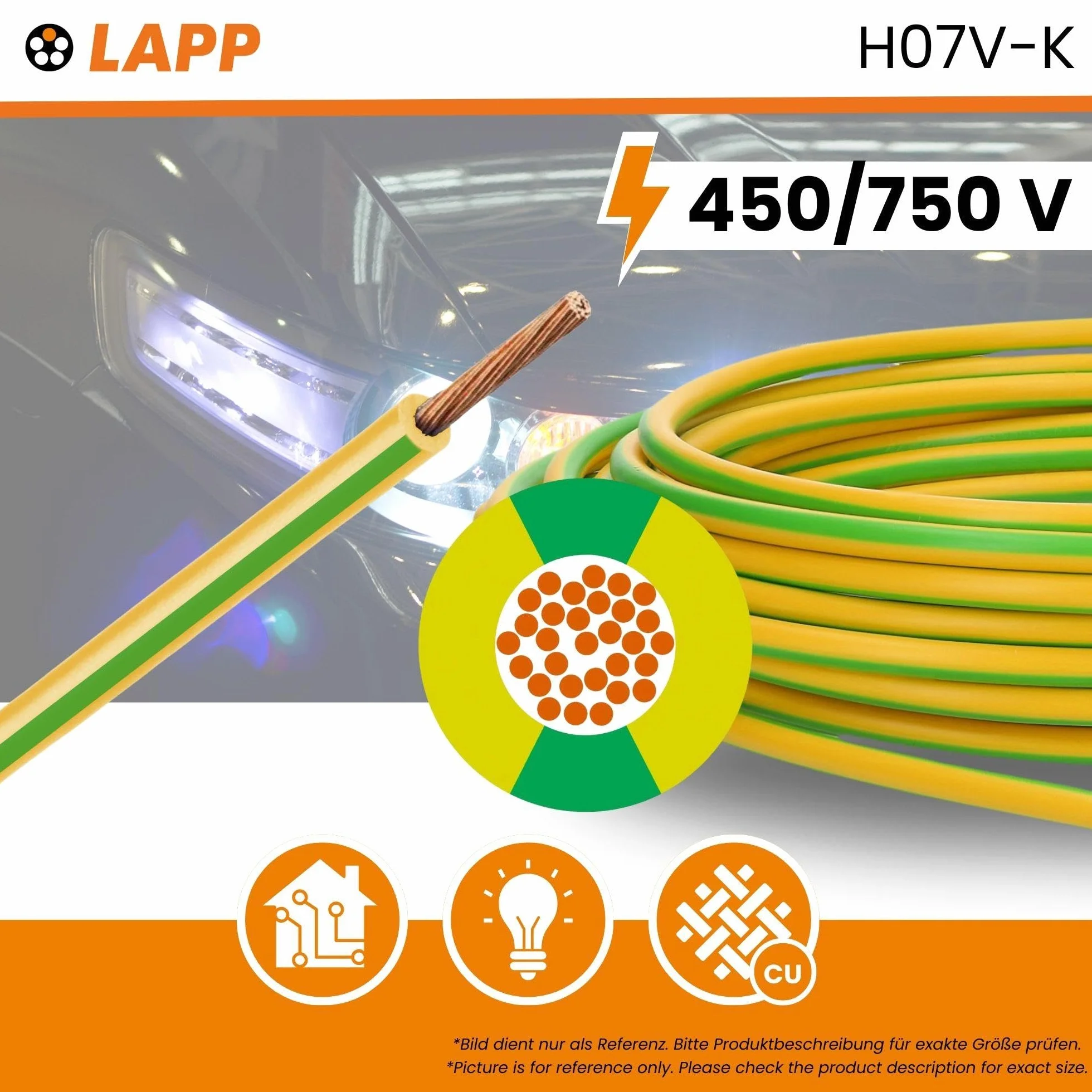 Lapp 4520005 H07V-K 10 mm² - Cable de toma de tierra flexible (PVC, 10 m), color verde y amarillo