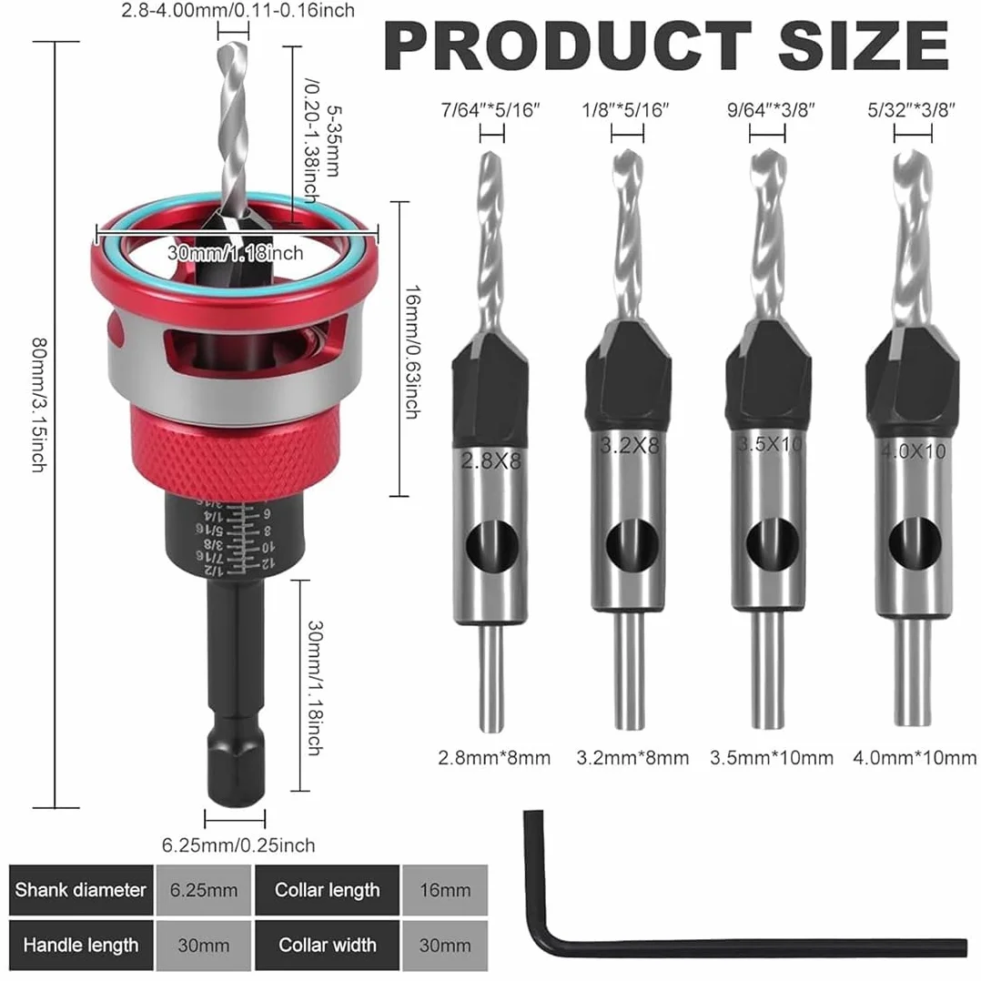 Avellanador de dos filos con tope de profundidad ajustable, juego de 4 brocas cónicas de cuatro filos, juego de brocas avellanadoras para carpintería, ebanistería (Red)
