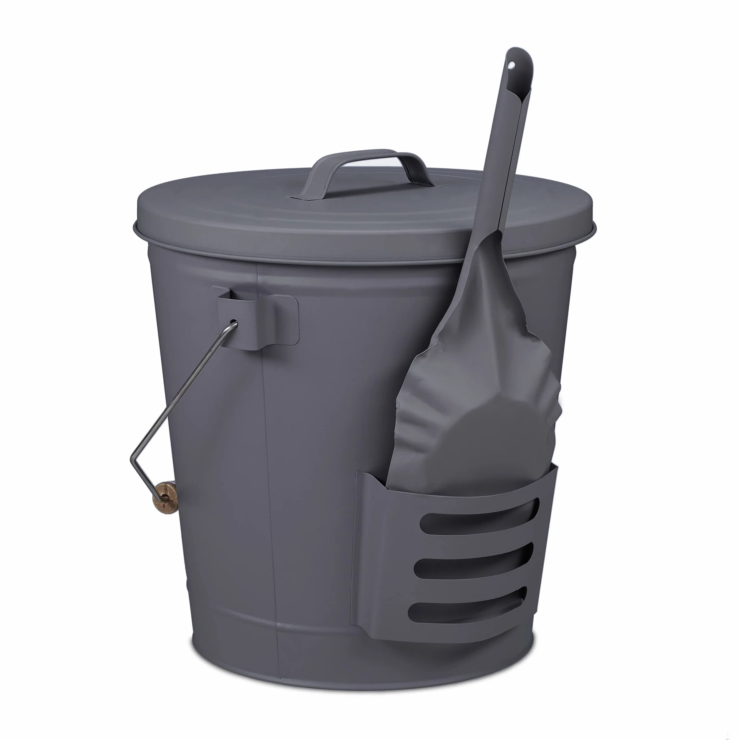 Relaxdays Cubo Cenizas con Tapa y Recogedor, Acero, Agarre de Madera, 19 L, Accesorio Chimenea, Recipiente con Asa, Gris