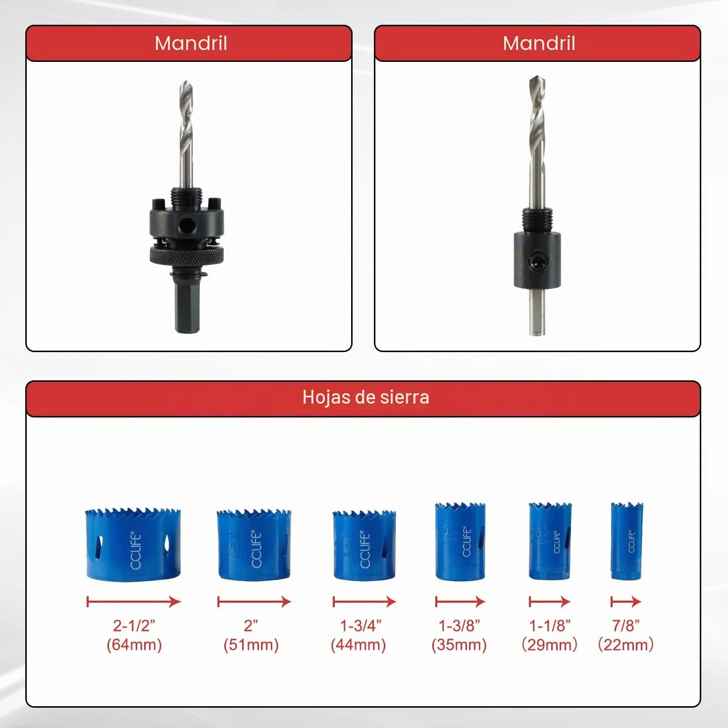 CCLIFE Juego de sierra perforadora bimetálica, 8 piezas, bimetal M3 HSS-CO, diámetro de 22 – 64 mm, profundidad de corte 38 mm, para taladrar acero inoxidable, metal ligero, madera, PVC, plástico, etc