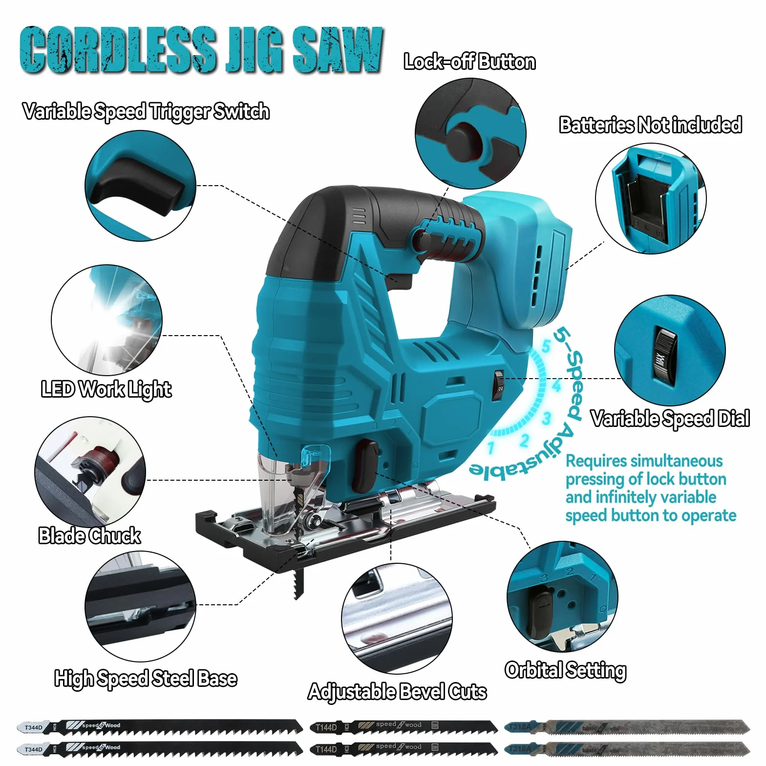 Sierra de calar con batería Makita de 18 V, 800 W, 2700 RPM, herramienta de corte sin escobillas, corte biselado de 45°, 4 acciones orbitales, con hojas de sierra de calar para rectas/curvas