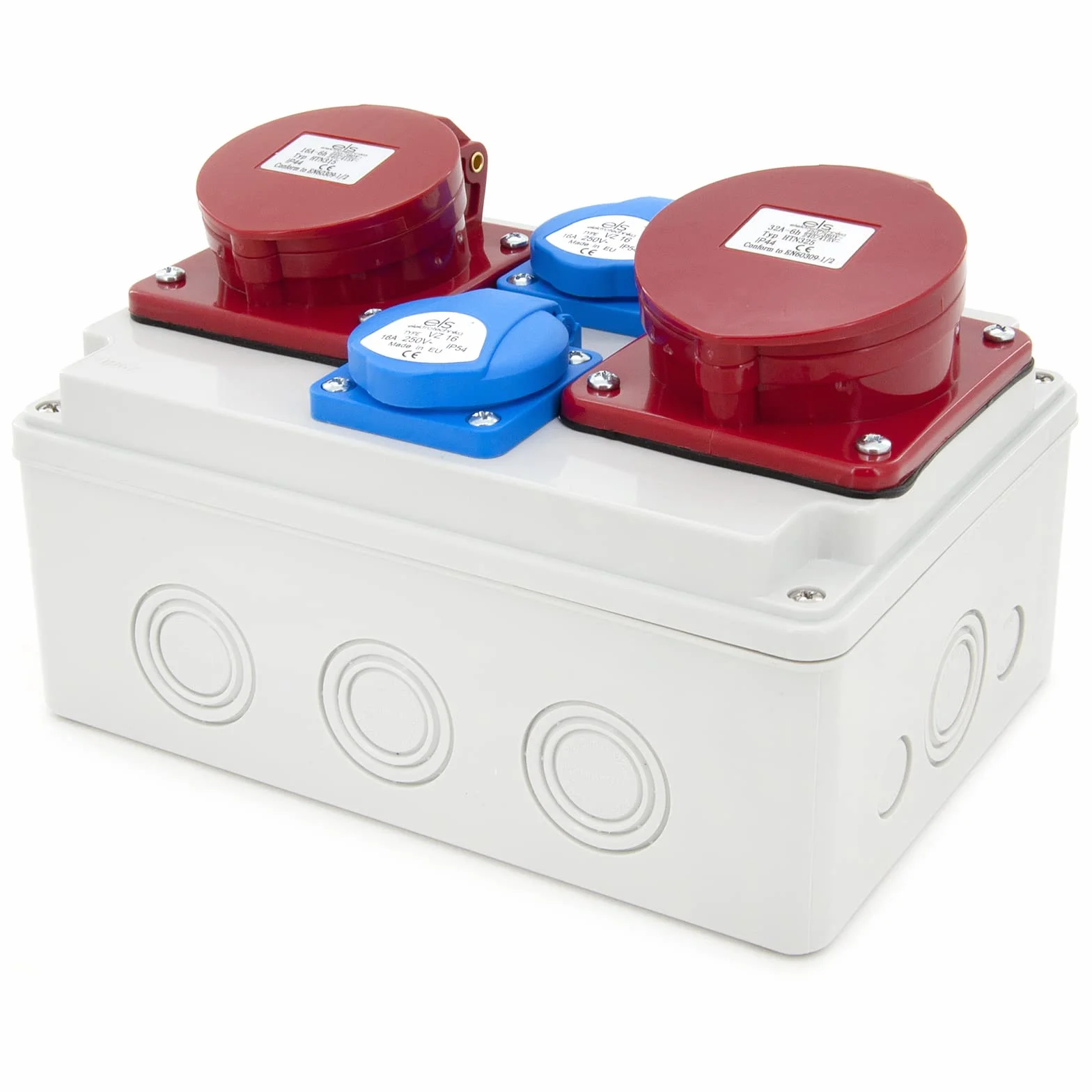 ELS Elektrotechnika Distribuidor de corriente de pared 2 x 230 V Schuko + 1 x CEE 32 A + 1 x CEE 16 A, distribuidor de corriente para interiores y exteriores, talleres y fábricas