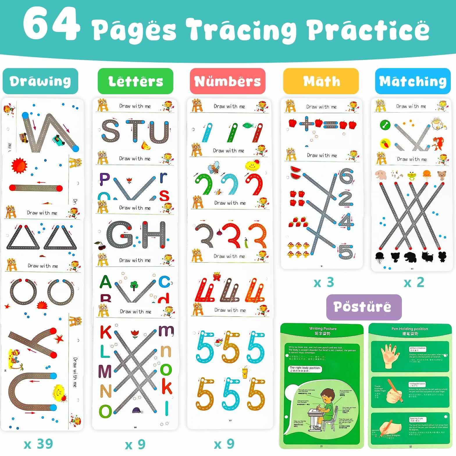 64 páginas Cuaderno Aprender a Escribir Números, Dibujo, Matemáticas y Letras, Libros de Trazado Reutilizables para Niños de 3 4 5 6 Años, Libros de Actividades Preescolares, Libro Vacaciones