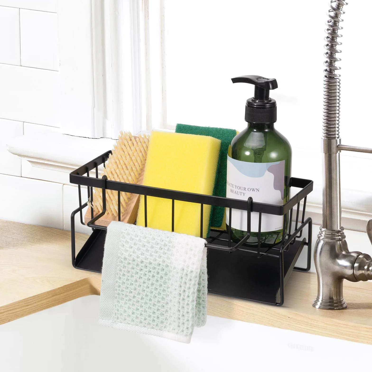 Caja de almacenamiento para fregadero de cocina, organizador para fregadero, estante de almacenamiento multifuncional, color negro, adecuado para almacenamiento de cocina y baño