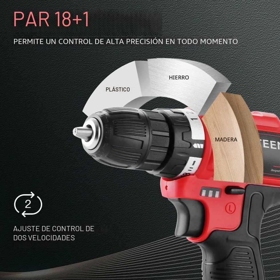 Taladro atornillador inalámbrico TEENO 21V, equipado con 1 batería de 1,5Ah, par de 35Nm, ajuste de 18+1 niveles, 2 velocidades y luz LED, ideal para proyectos de bricolaje.