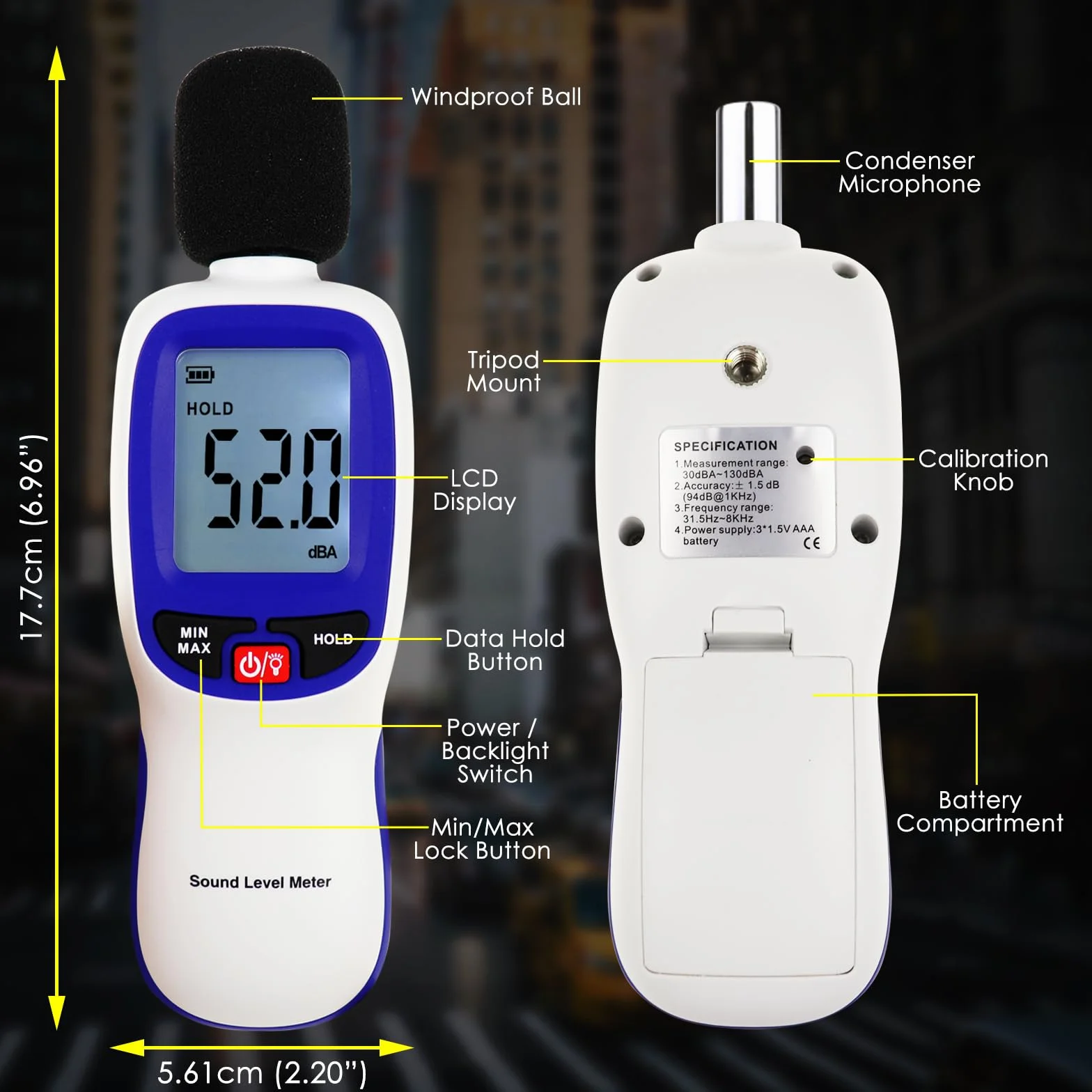 Medidor de decibelios Bluetooth digital de nivel de sonido con APP Datalogger, medidor SPL inalámbrico de 30-130dBA de alta precisión, 20.000 registros, máx./min/espera, alarma - probador de ruido