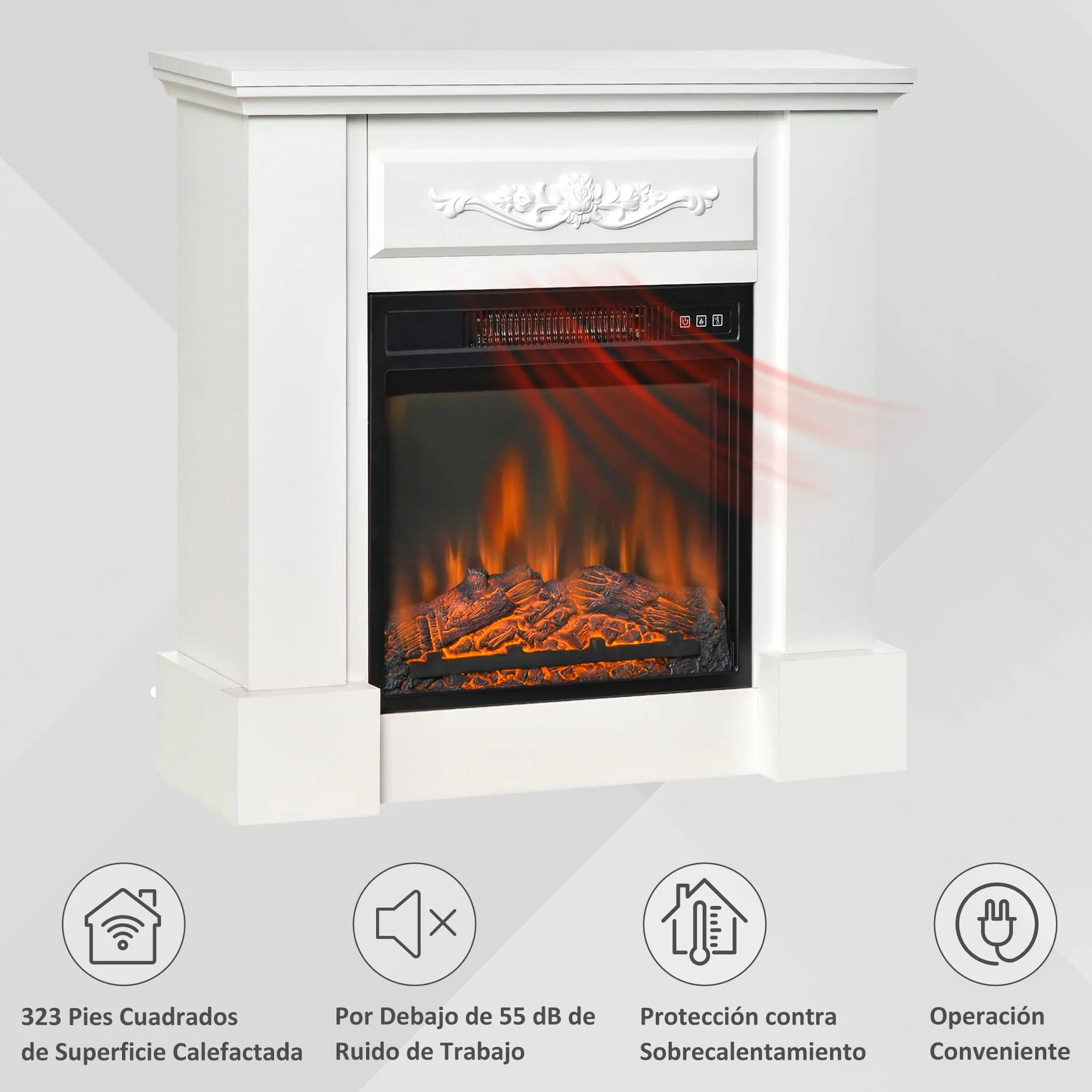 HOMCOM Chimenea Eléctrica 1800W Chimenea Decorativa con Marco Efecto de Llama Mando a Distancia Temporizador Protección contra Sobrecalentamiento para Sala 30 m² Blanco