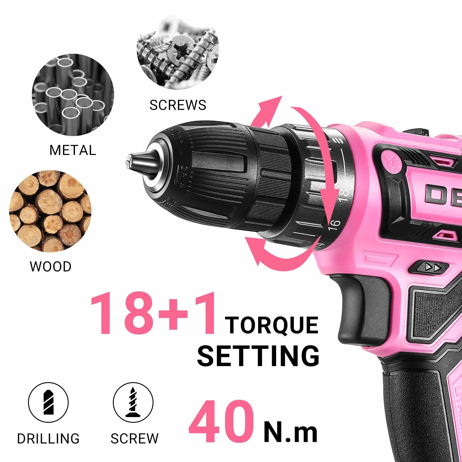 Taladro Inalámbrico, DEKOPRO 20V Taladro Atornillador Bateria con 1 Baterías y Cargador, 40 Nm, 2 Velocidad y LED, Adecuado para Bricolaje en Casa y Jardín,Rosa