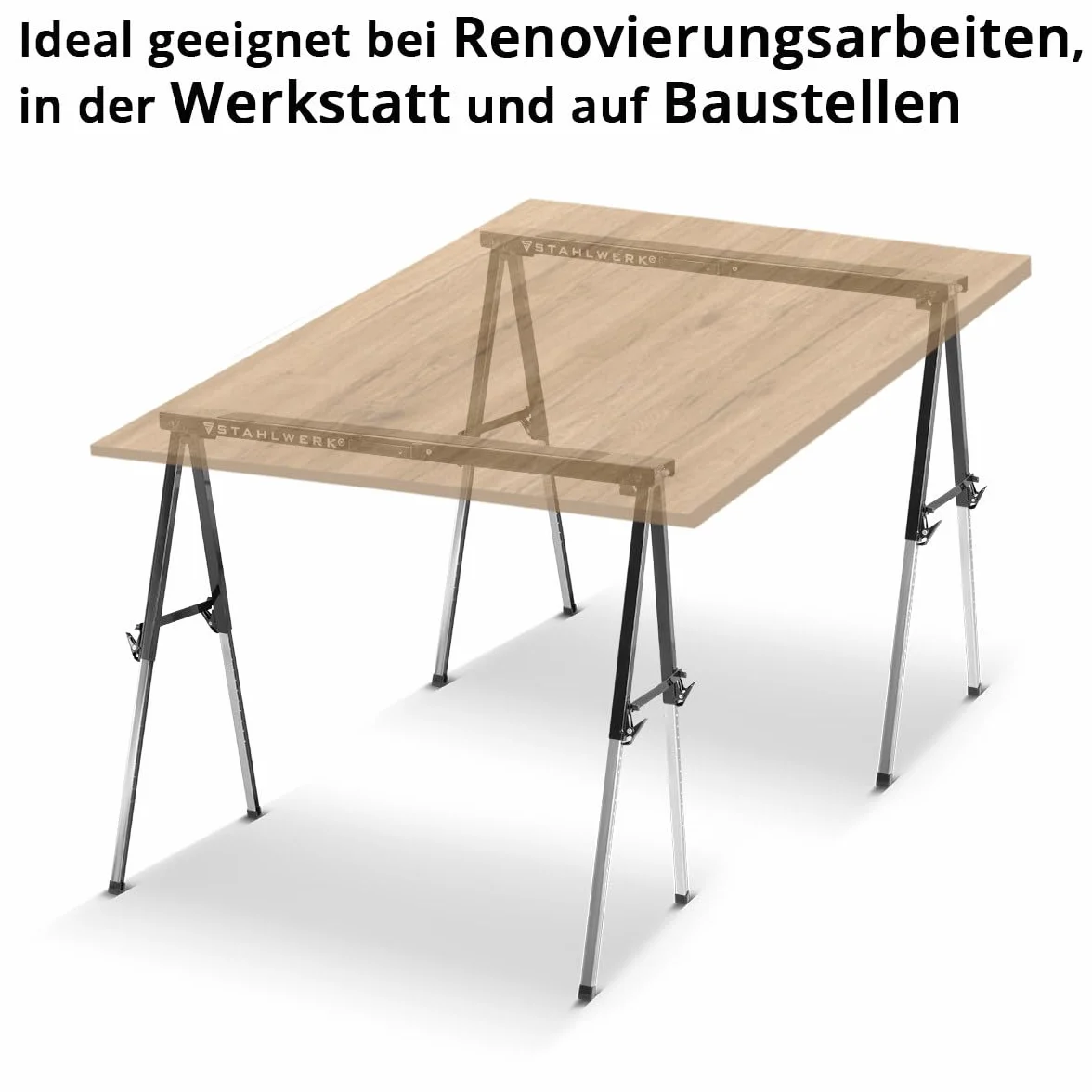 Caballete STAHLWERK SB-910 ST en un juego de 2 caballetes de metal con recubrimiento de polvo, altura ajustable de 645-910 mm, capacidad de carga de 150 kg y superficie antideslizante