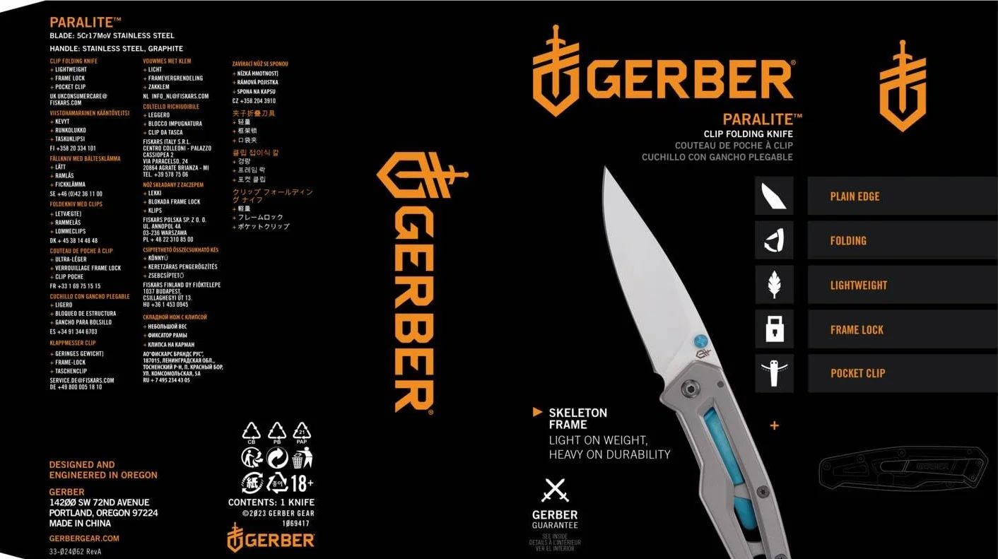 Gerber Navaja Plegable con Hoja Lisa y Gancho para Bolsillo, Longitud de la Hoja: 7,9 cm, Plata/Azul, Paralite, 1069417