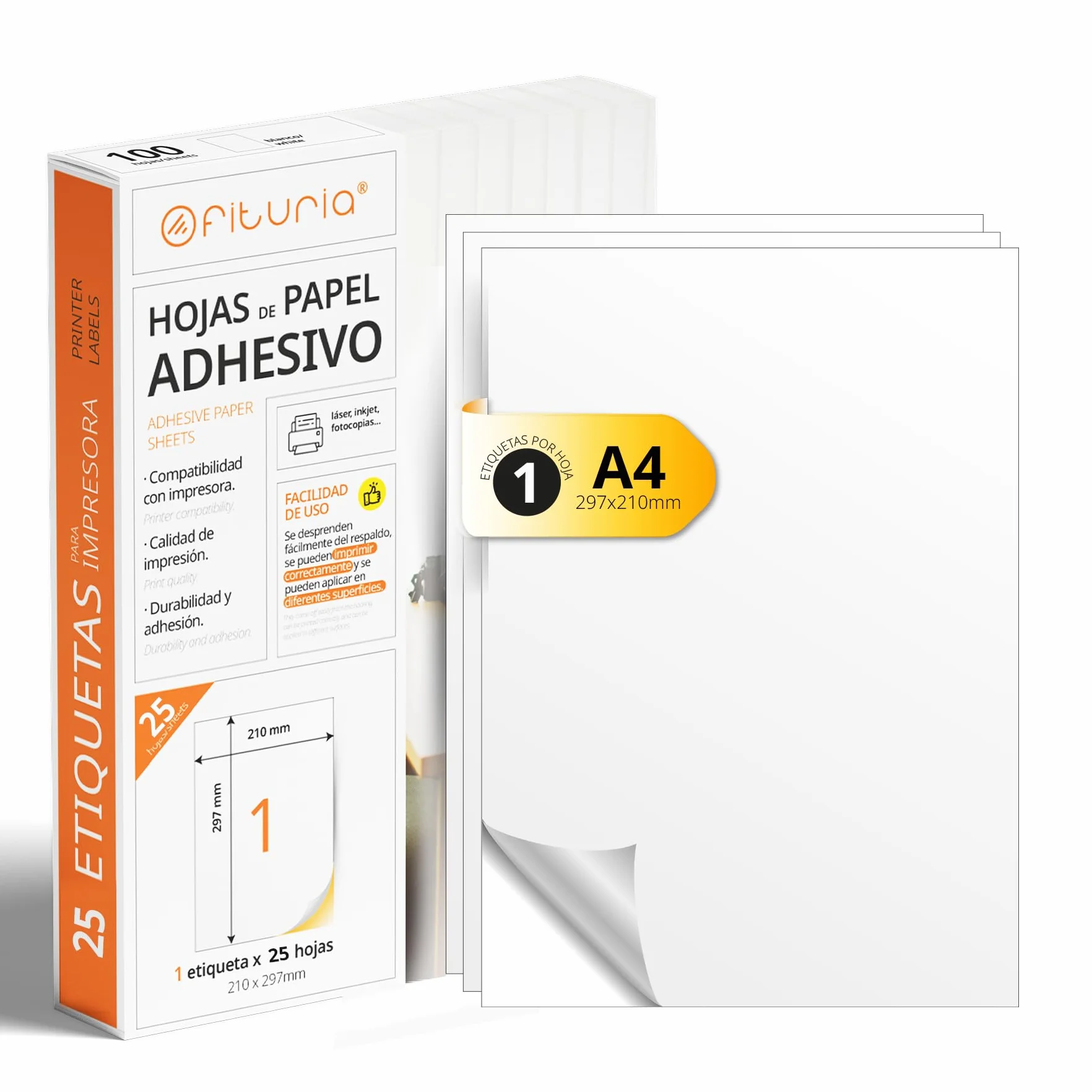 Ofituria Etiquetas Adhesivas Blancas Papel A4 Adhesivo Seguro para Imprimir Pegatinas Personalizadas (25 hojas)