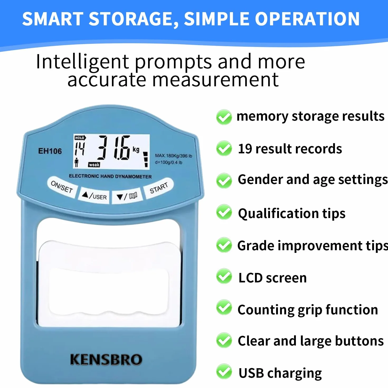 Medidor de mano digital (396 lb/180 kg, dinamómetro digital, dinamómetro electrónico, medidor de fuerza de agarre electrónico, pantalla LED, dinamómetro con cable de carga USB (EH106)