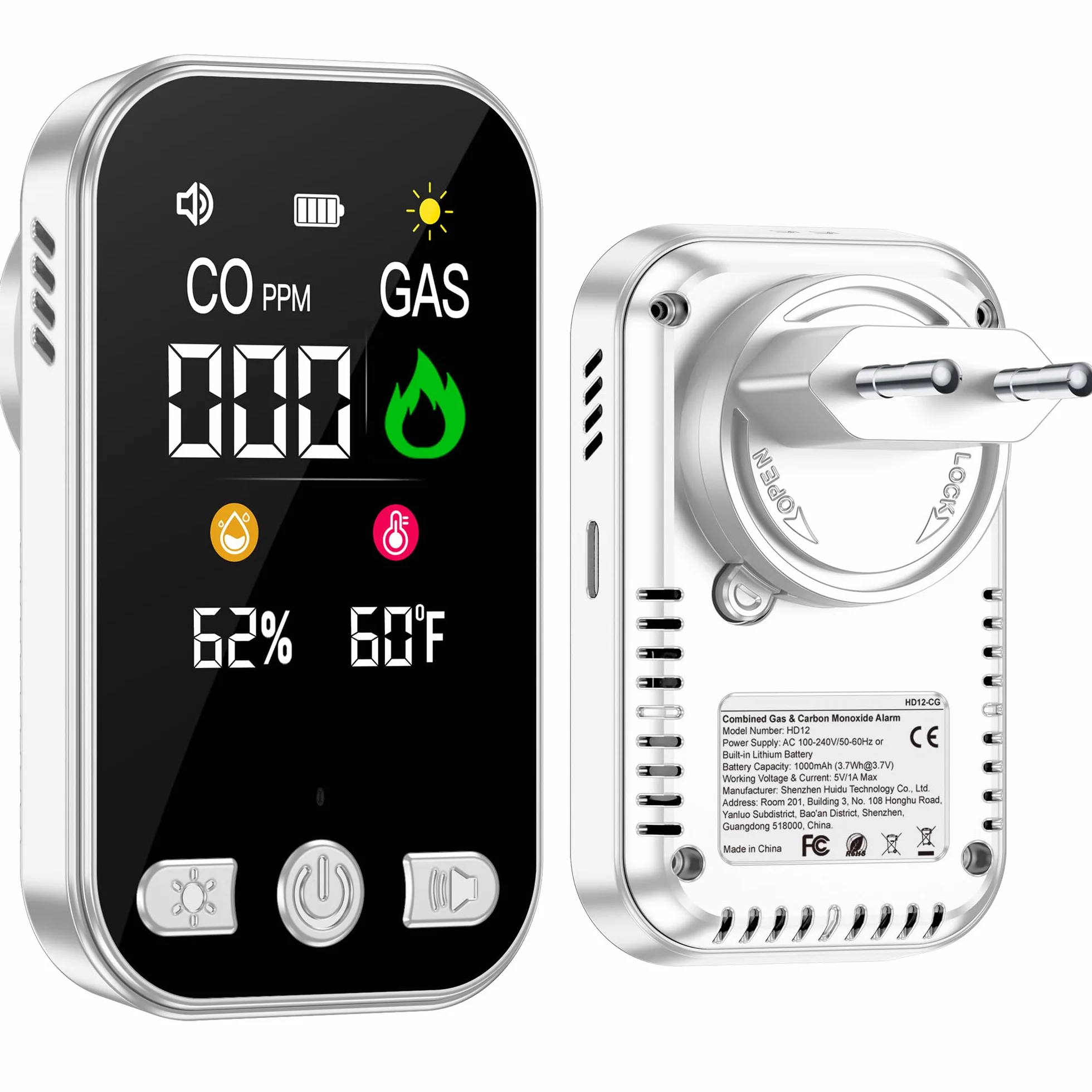 Detector de Gas y Monóxido de Carbono con Enchufe para Hogar, Alarma de CO para Casa, Detector de Gas Combustible para Gas Natural LPG Metano Propano Butano, Blanco, HD12-CG