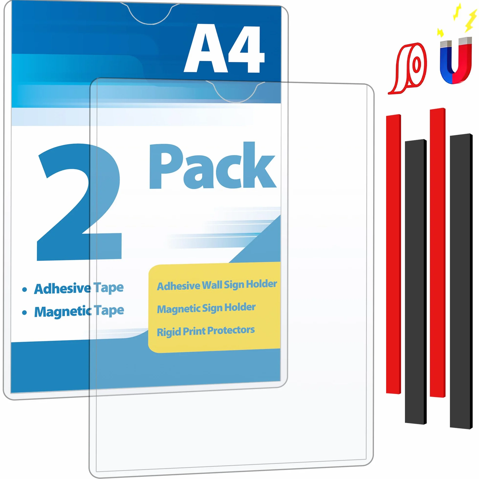 Soporte de Pared A4 Magnético y Adhesivo, Pack de 2 – Expositor Acrílico Transparente para Carteles