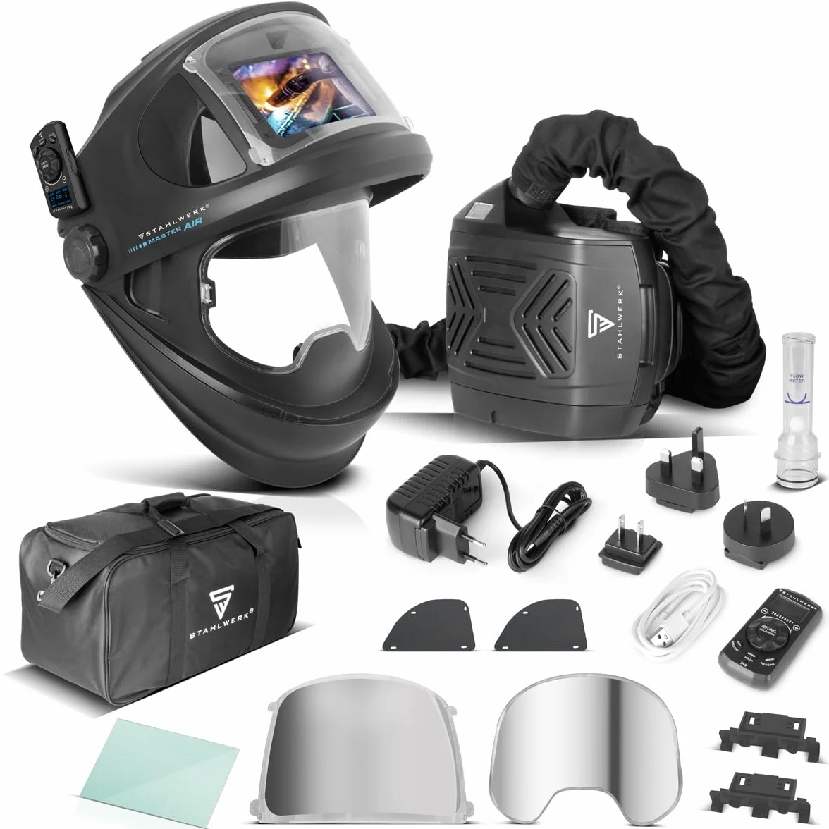 STAHLWERK Master Air - Casco de soldadura automático 3 en 1 con entrada de aire fresco, control de función por Bluetooth, reproducción de color verdadero, oscurecimiento DIN 4 a DIN 14, clase óptica 1