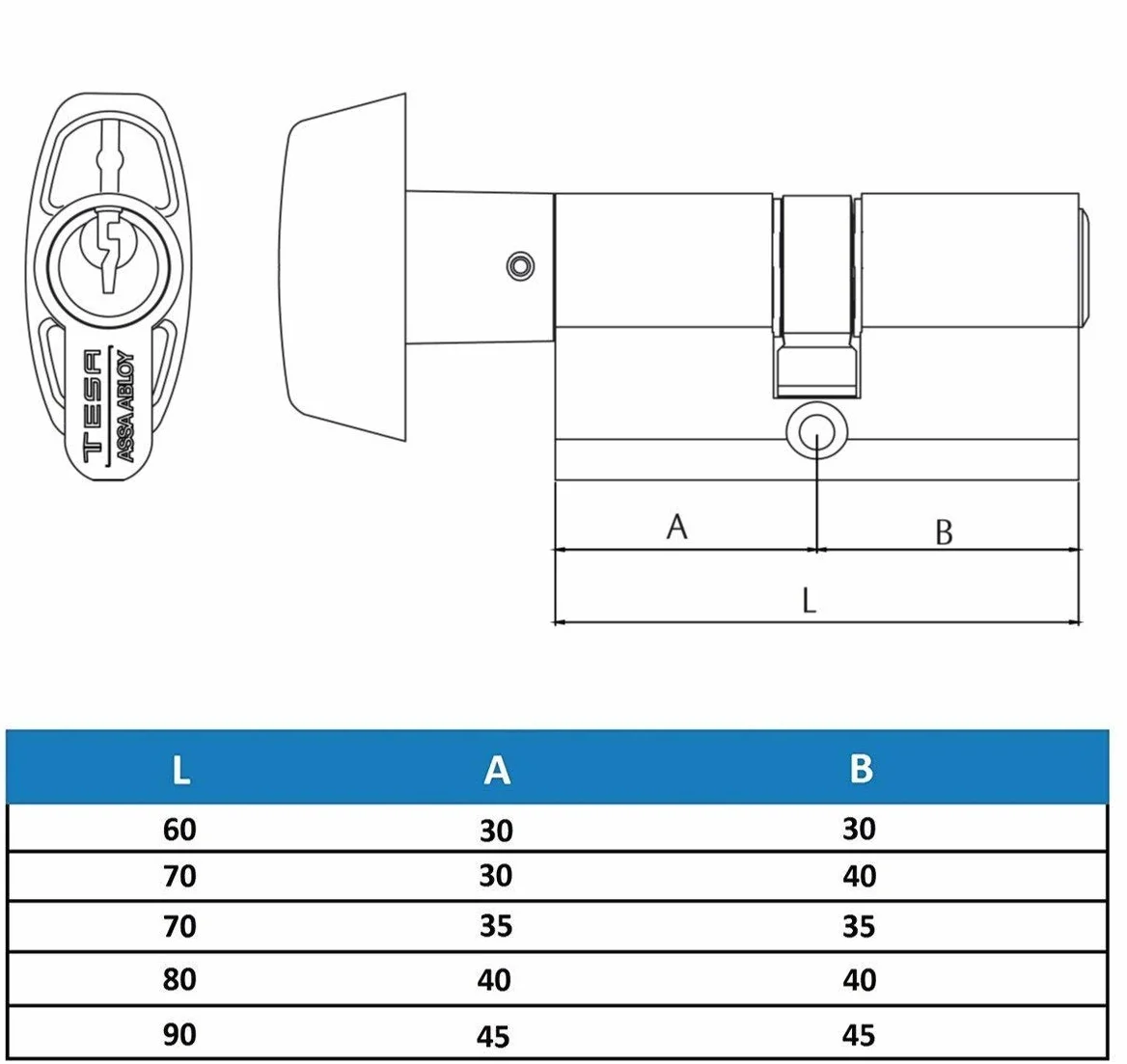 Tesa Assa Abloy, 520B3030N, Cilindro Estándar, TE5, Leva Corta, Llave - Botón, Niquelado, 30 x 30 mm