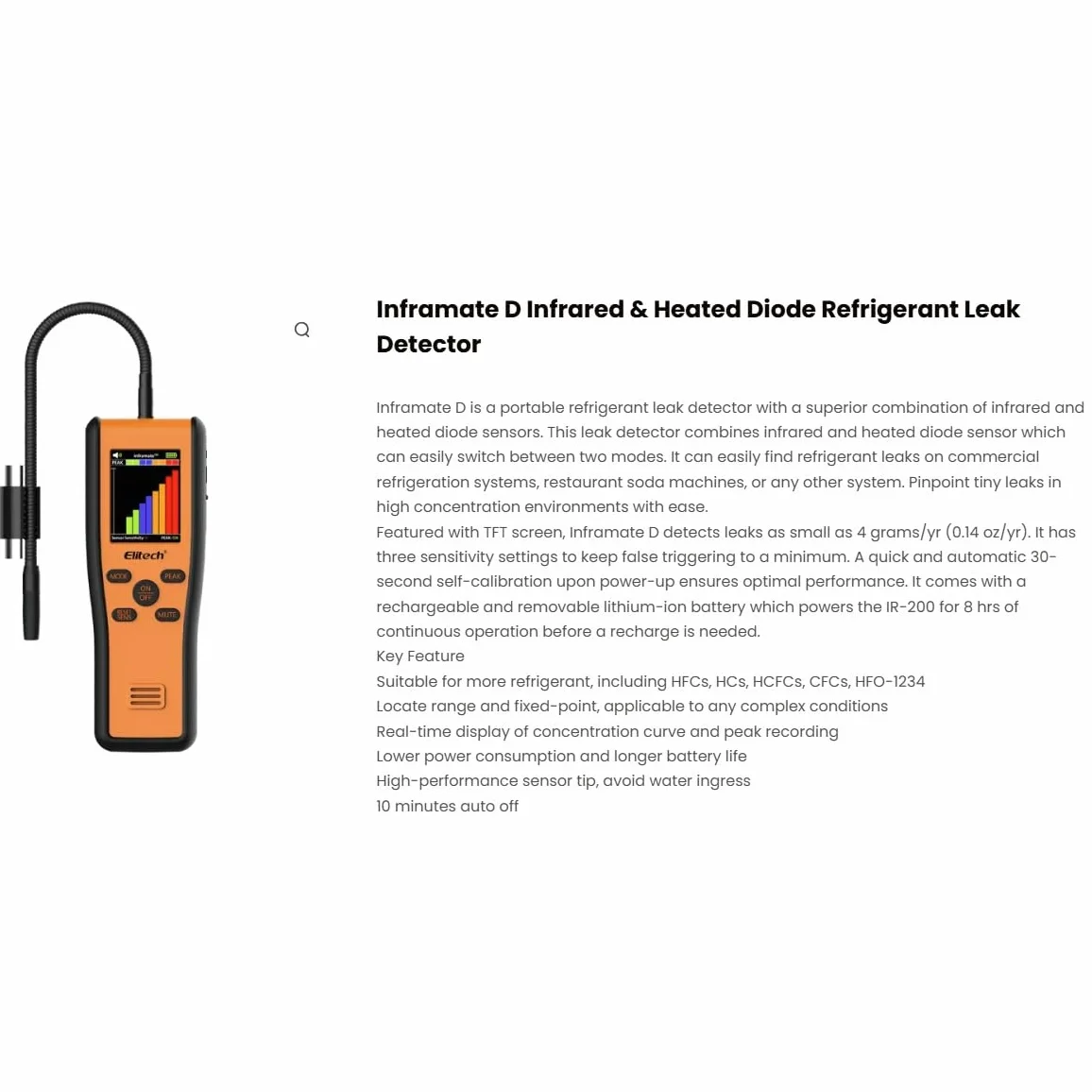 Elitech Inframate D - Detector de fugas de refrigerante con sensor infrarrojo, pantalla Tft, diodo calentado y batería recargable, buscador de fugas Sniffer Hvac profesional para gas climatizador