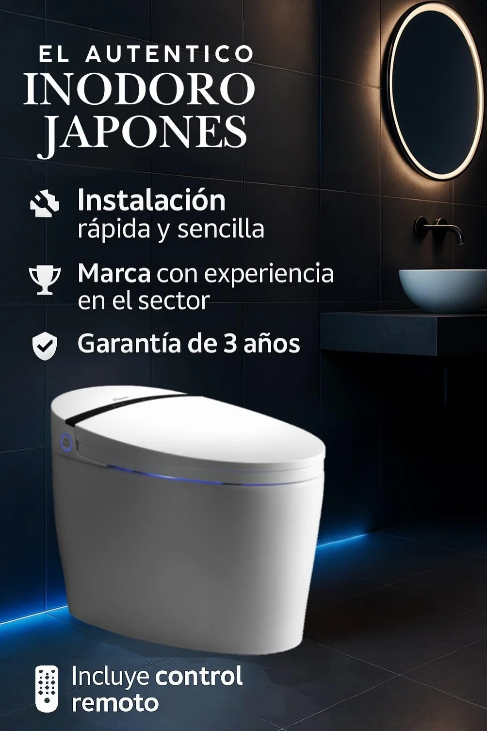 Nashi Aldara iPlus 5 - Inodoro Inteligente estilo japones | wc con App móvil y mando tapa automática, calefactable, chorrito y secado | Salida dual suelo o pared