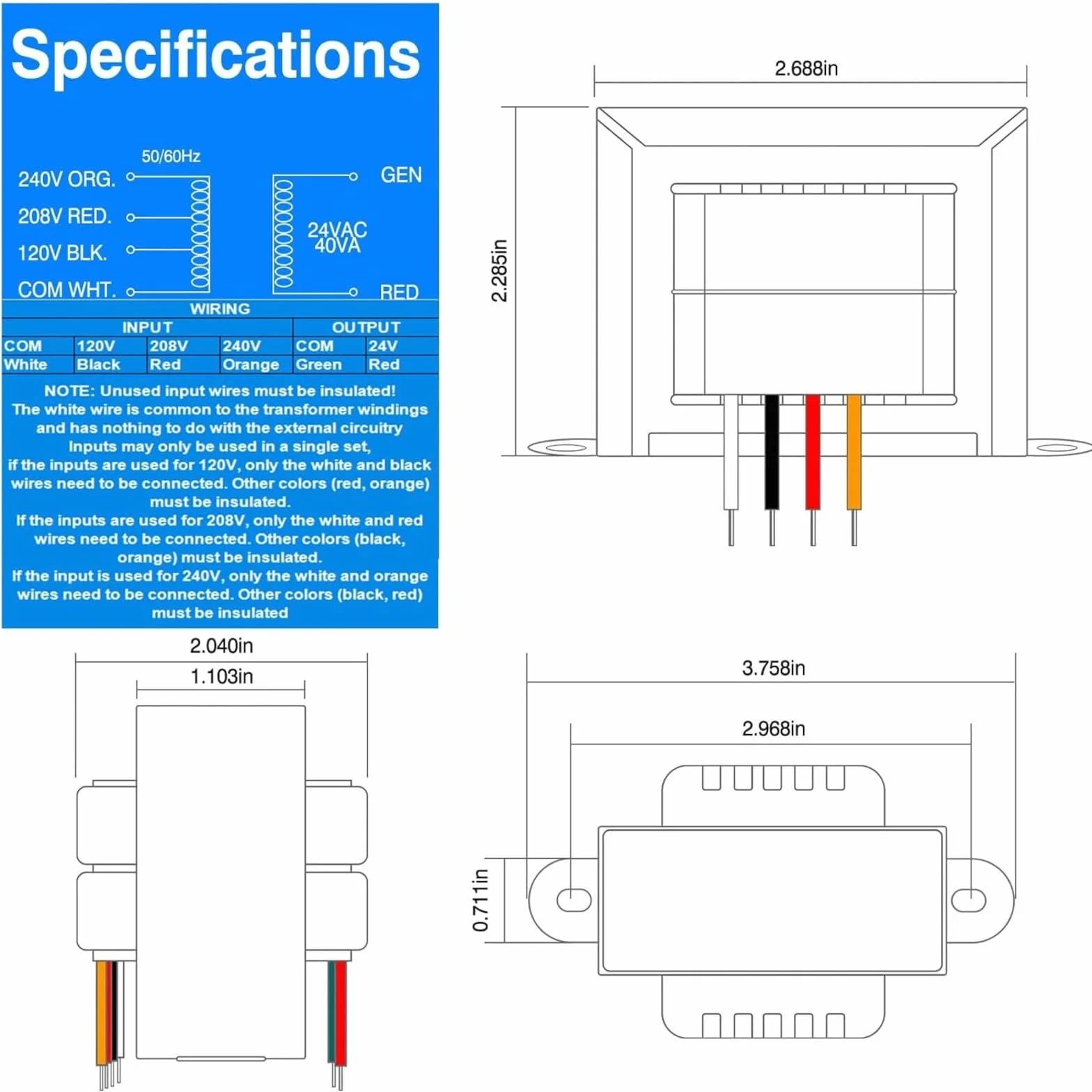 Transformador de control monofásico 24 V 40 VA para HVAC HVAC Horno Calefacción Climatización Voltaje de entrada 120/208/240V 50/60Hz Clase de aislamiento B Carcasa de metal Plata Compacto