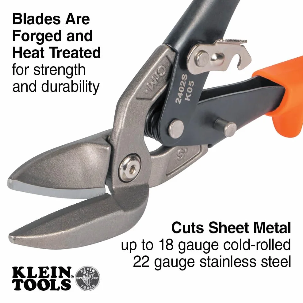 Klein Tools 2402S Tijeras de corte recto, tijeras de hojalata de aviación con hoja forjada para corte de chapa de precisión