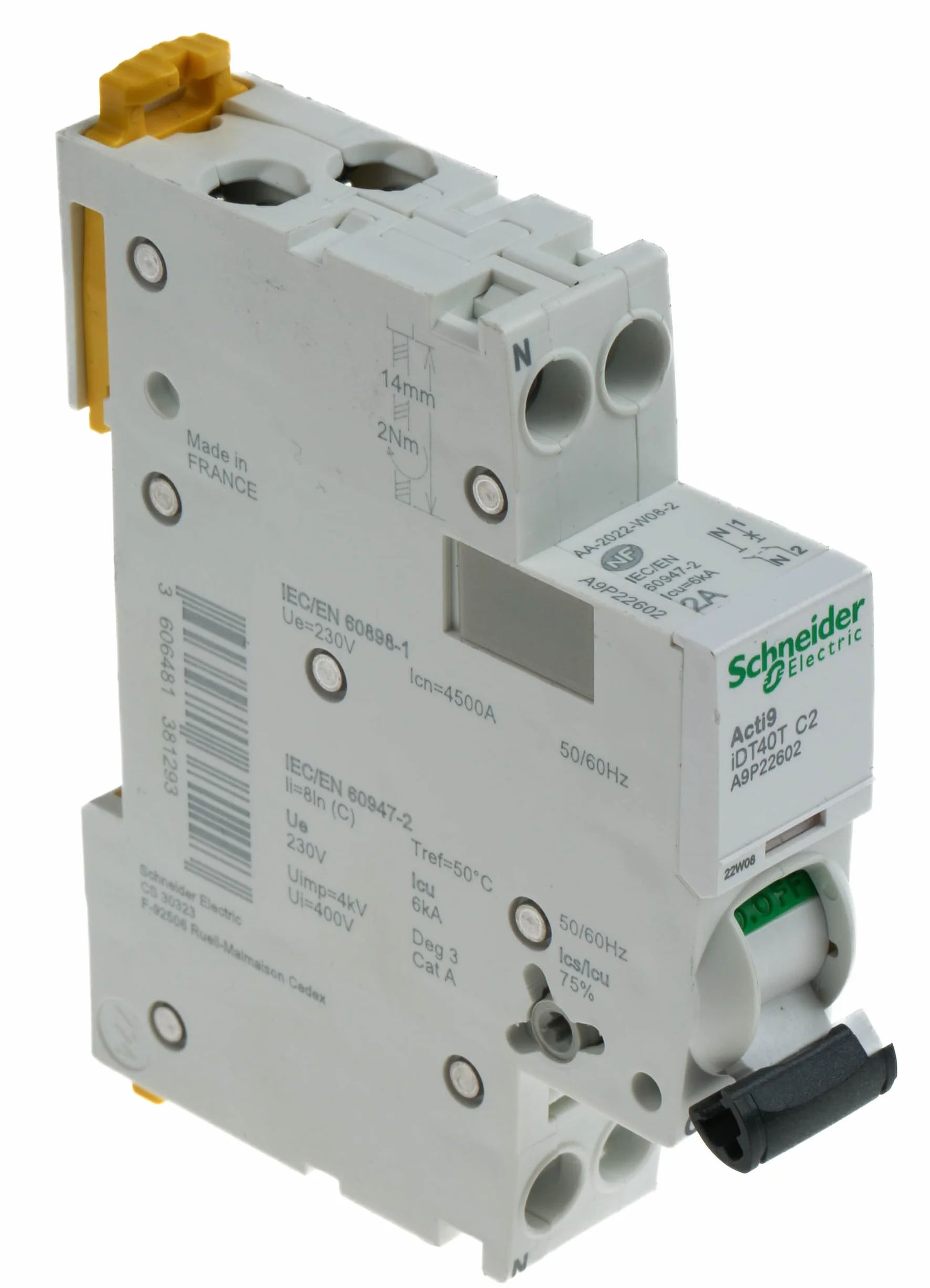 Schneider Electric Acti9 iDT40T - Interruptor modular (1P+N, 2A, curva C, 4500A/6kA, A9P22602)