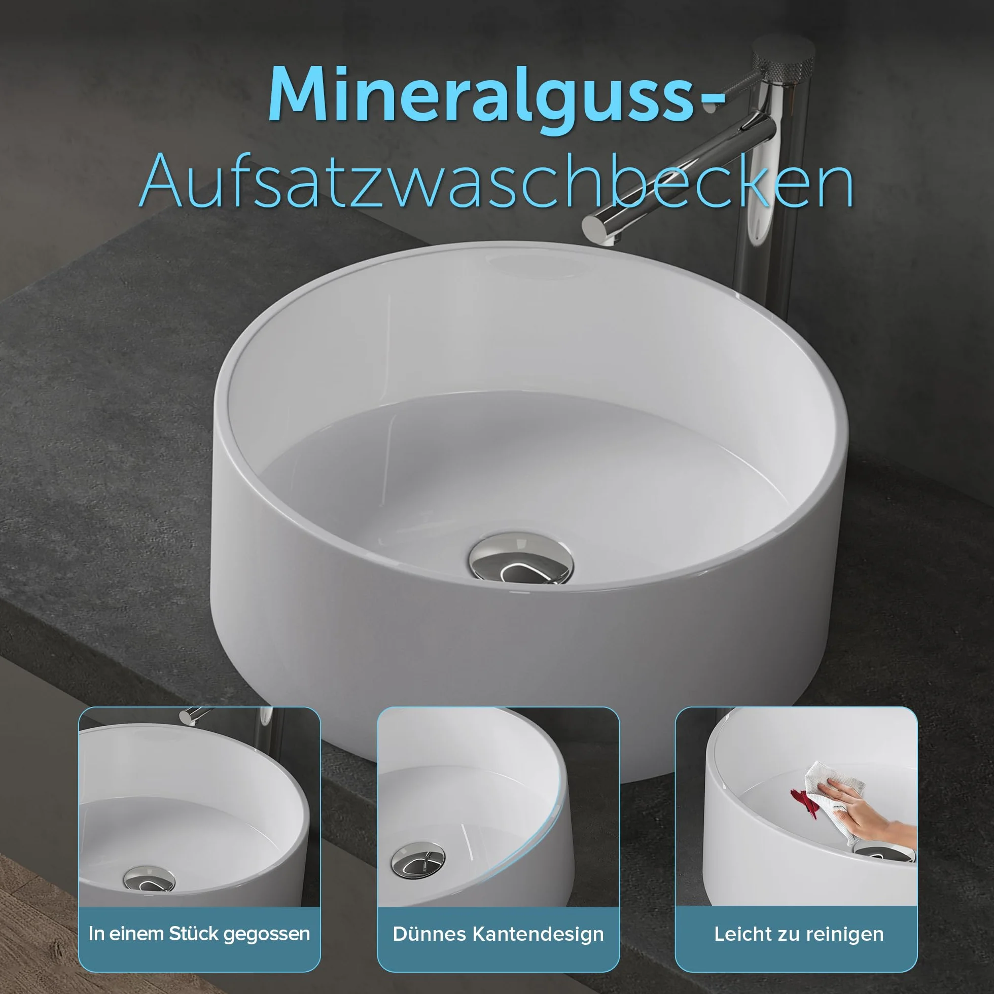 doporro Lavabo sobre encimera redondo Colossum804 blanco brillante 40x40x15cm lavabo de fundición mineral sin orificio para grifería