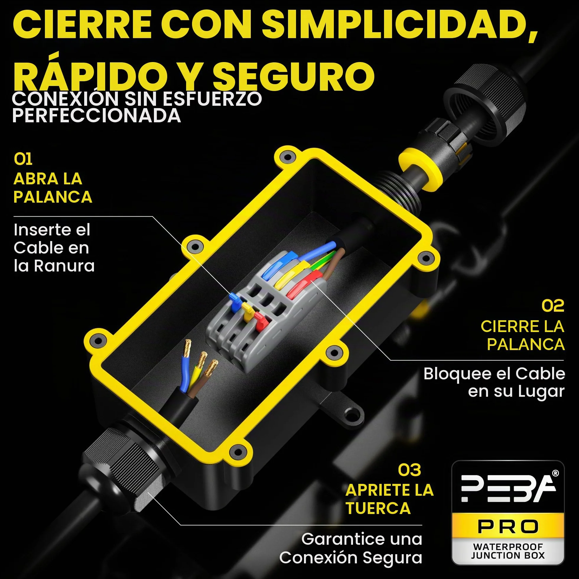 PEBA Cajas de Conexiones Impermeables IP68, Conector de cable estanco, Caja de conexiones de conector de cable Exterior de 2 vías, Apto para cables 4-11 mm caja empalmes exterior Negro