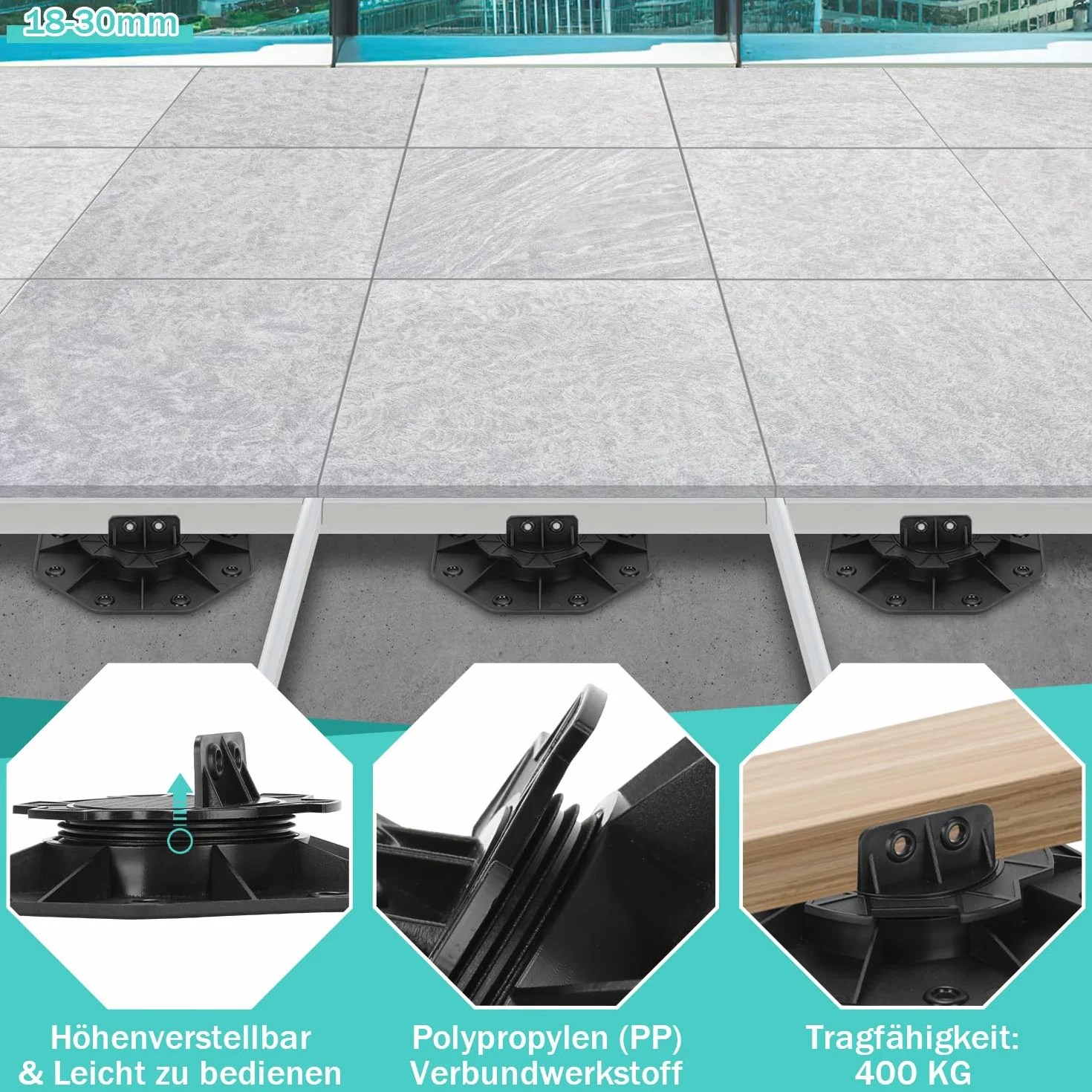 100 rodamientos de altura ajustable, 18-30 mm, rodamientos de terraza con pies ajustables, placas para subestructura de terraza, WPC, capacidad de carga de 600 kg