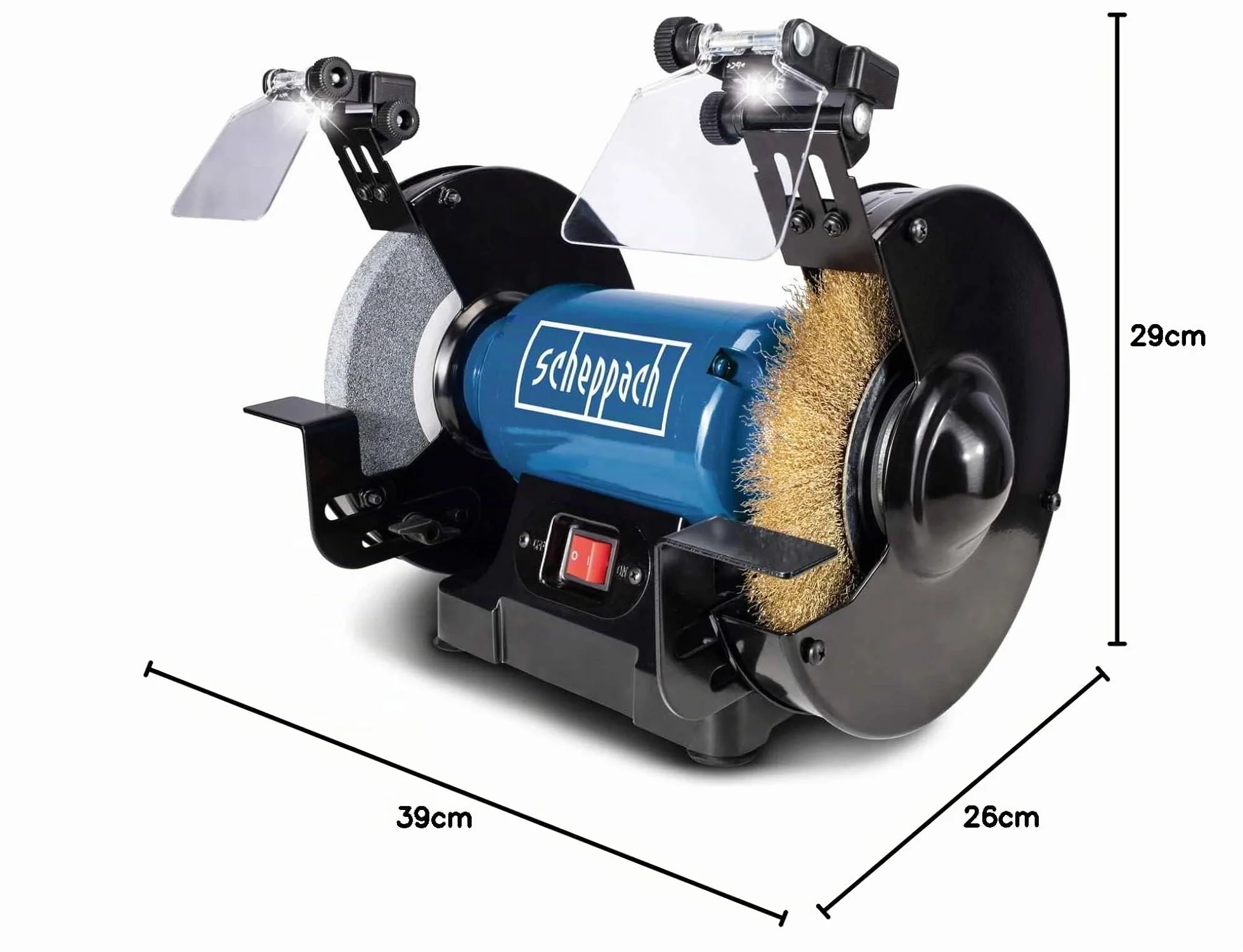 Scheppach SM200LB - Amoladora doble con iluminación LED (230 V, 500 W, piedra afiladora, 200 x 20 mm, K36, cepillo metálico, 16 mm de ancho