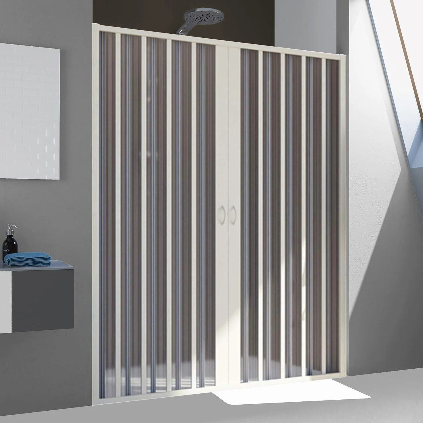 Forte Puerta de Ducha en PVC 150CM H185 Plegable con Apertura Central Color Blanco Mod. Flex