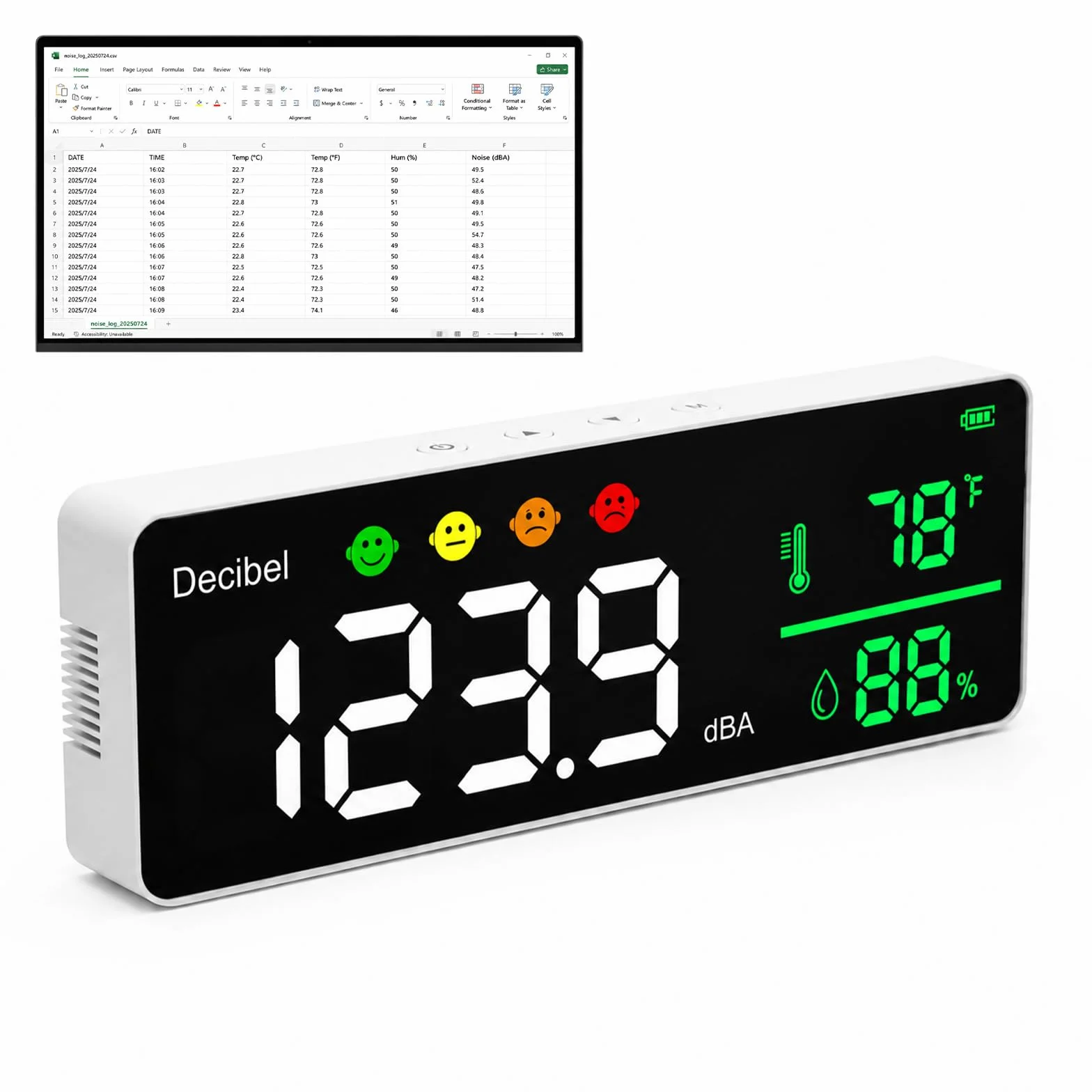 Medidor de decibelios con Registro de Datos, Probador de Sonido 11", Pantalla de pared para ruido, Temperatura y Humedad, Alarma sonora e íconos, Duarda 4,000 puntos de datos, para aula y estudio