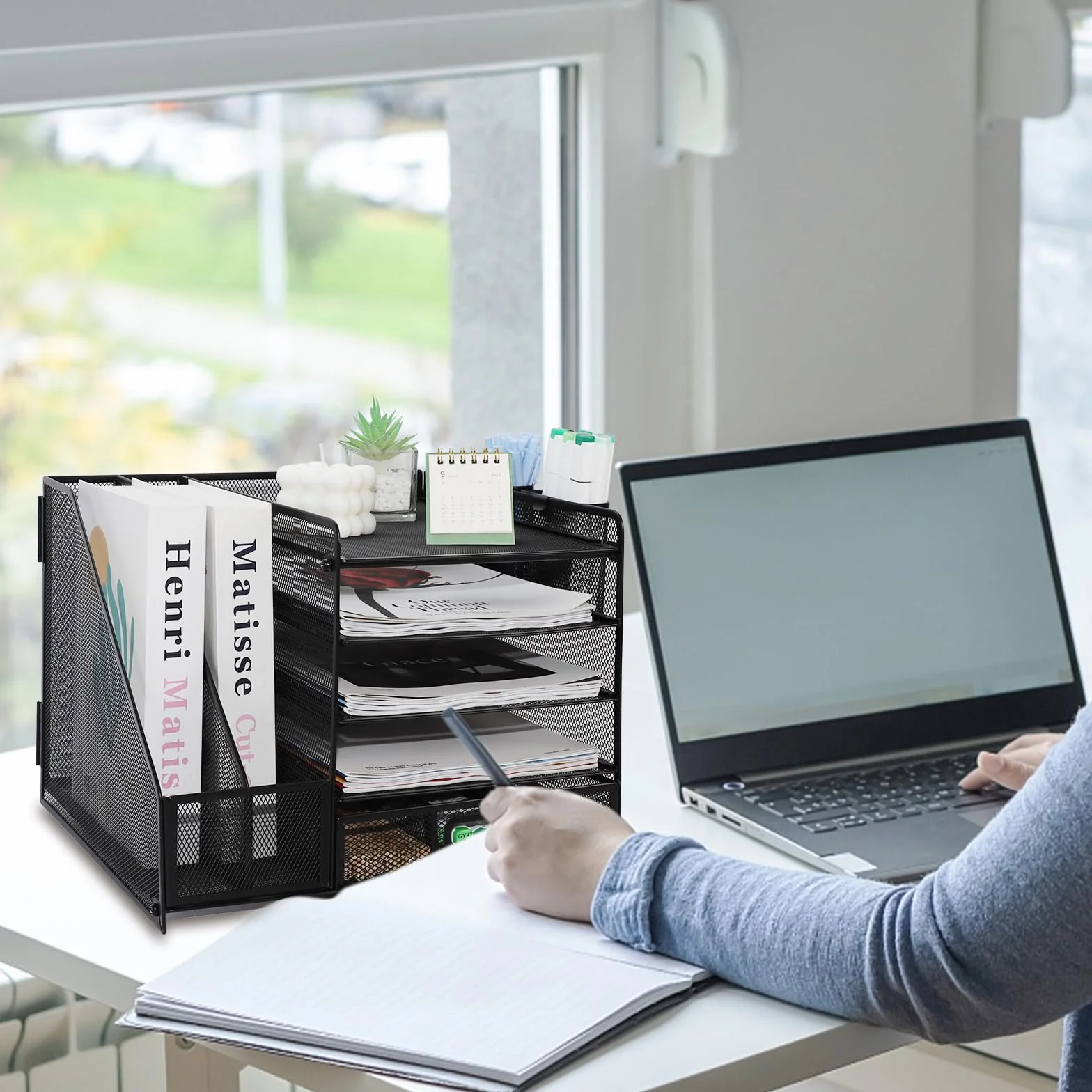 Organizador de Escritorio 5 Niveles Malla Metálica Bandejas Papel con Estante Archivos Cajones Revistero Almacenamiento Oficina