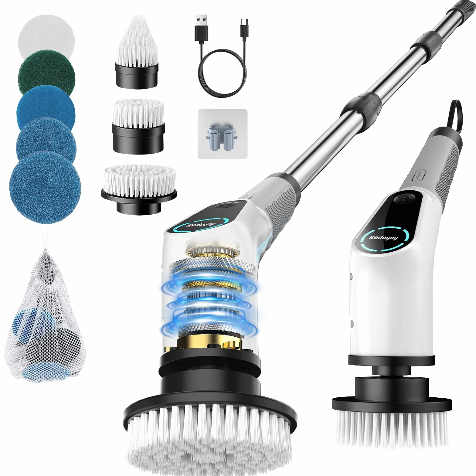 Cepillo Electrico Limpieza Hogar, Electric Cleaning Brush con 8 Cabezales Reemplazables, Electric Spin Scrubber con Mango Extensible, 2 Velocidades Ajustables, Para bañera, Lechada y Suelo de Baldosas