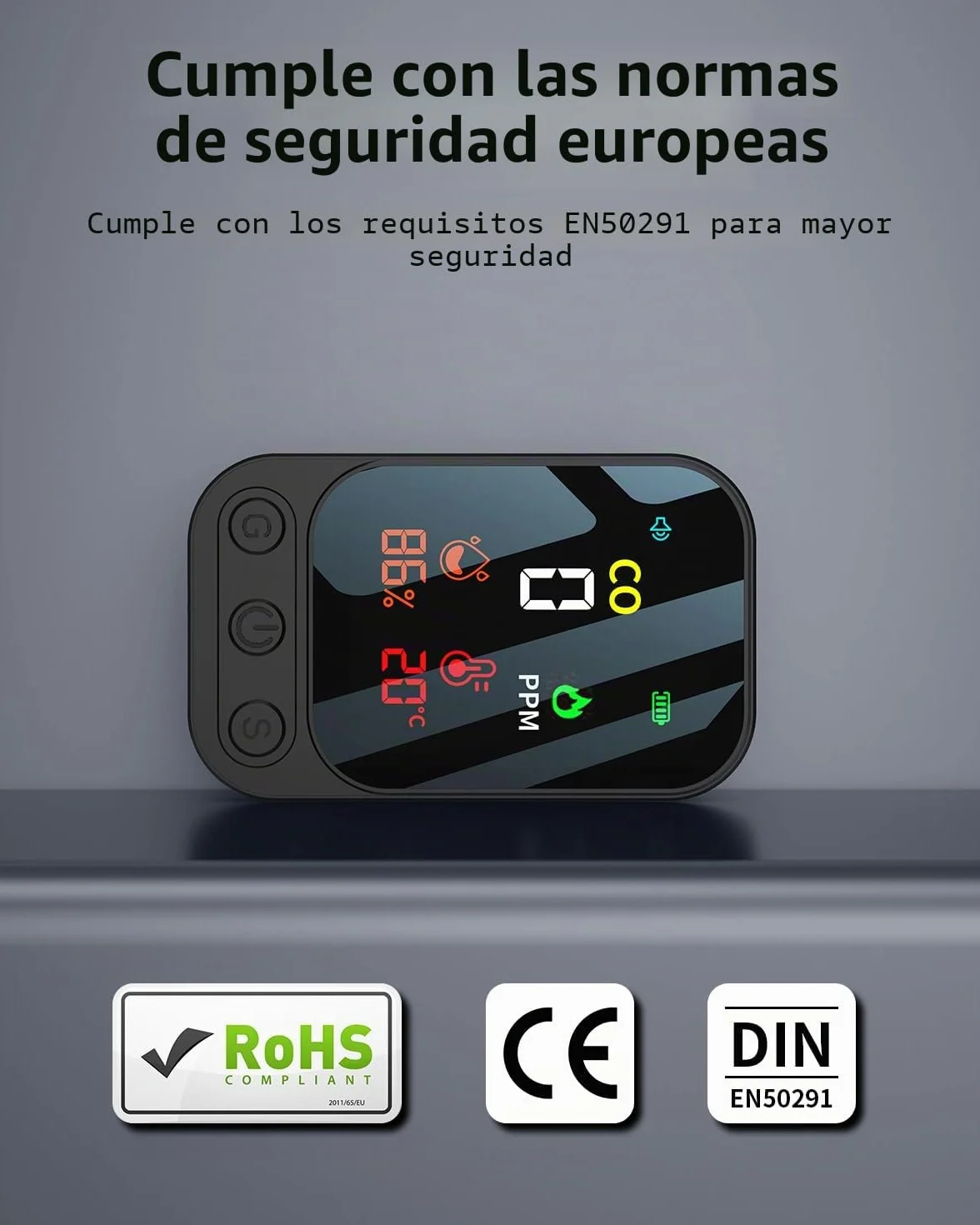 Detector de monóxido de carbono portátil 3 en 1, detector de monóxido de carbono recargable con indicador de temperatura y humedad, portátil para el hogar, caravana, camping, negro (negro)