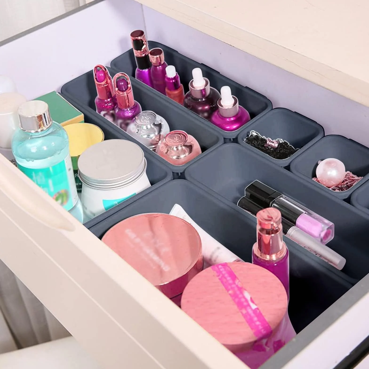 Organizador de Cajones 48 pcs Plástico Separadores para Cocina Baño Maquillaje Escritorio Negro