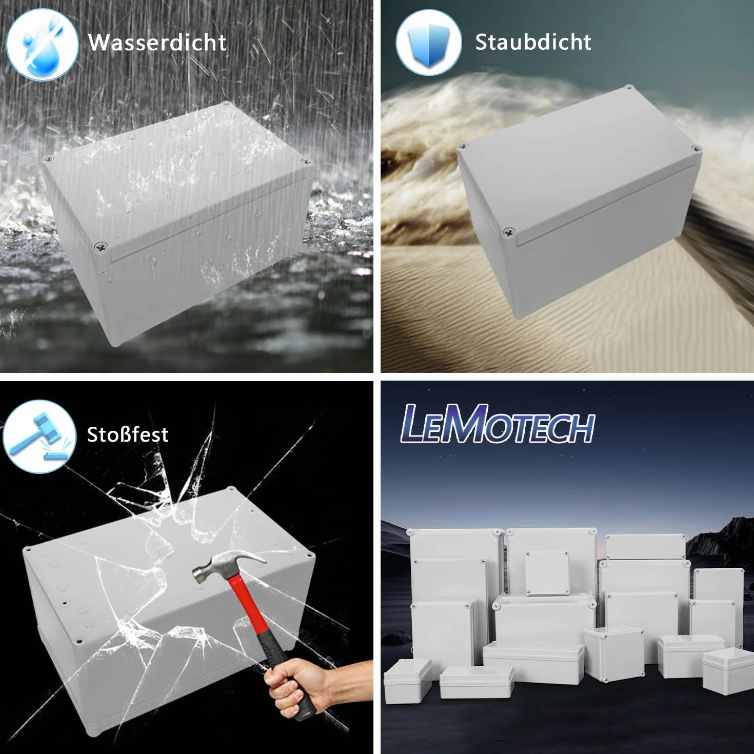 LeMotech Caja de derivación impermeable IP67, caja eléctrica de plástico ABS, carcasa a prueba de polvo para electrónica, cajas de conexiones para proyectos de bricolaje, gris, 250 x 150 x 130 mm