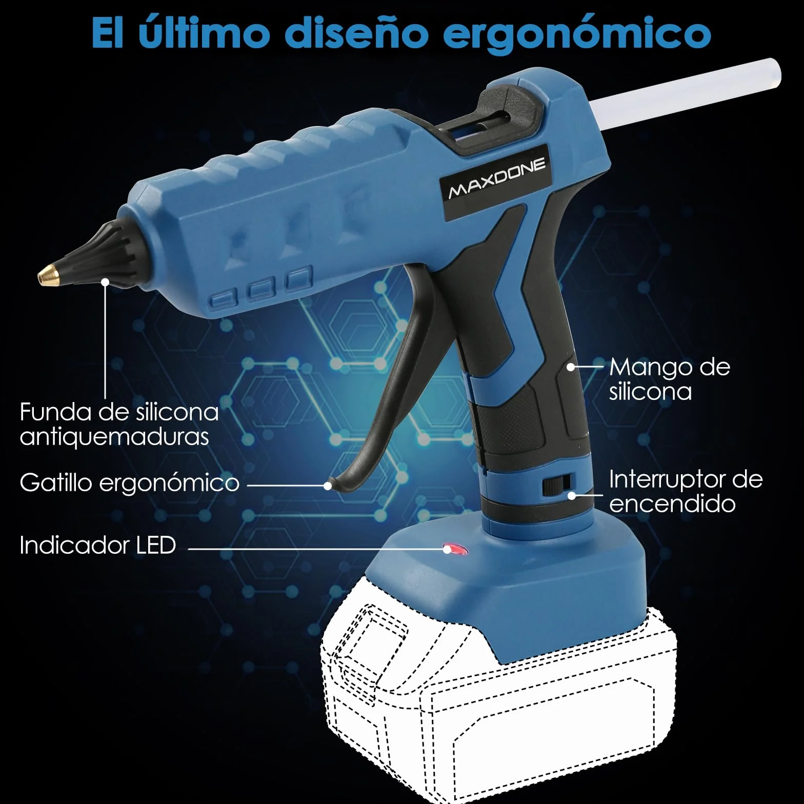 Pistola Silicona Caliente Inalambrica 100W para Batería Makita de18V, Barritas de Pegamento 11mm, para Bricolaje, Arte (herramienta desnuda, sin batería ni cargador)