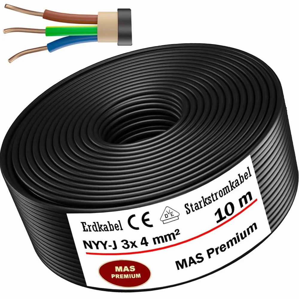 Cable subterráneo, de 5 a 90 m de cable de alimentación, NYY-J 3 x 4 mm², anillo de cable eléctrico para instalación exterior, suelo (10 m)