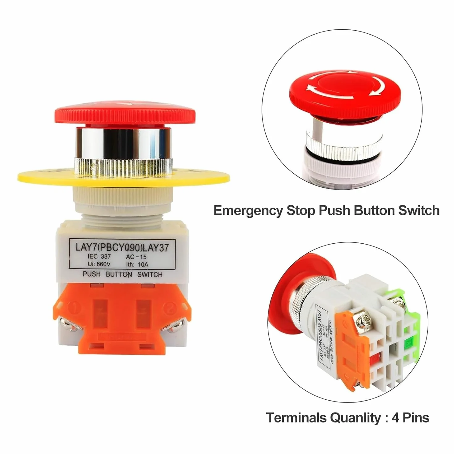 TECHZOCO Interruptor de Botón de Presión para Parada de Emergencia, Seta Pulsador Emergencia, Botón para Emergencia, Instalación orificio de apertura 22 mm, NO + 1 NC DPST, 660V 10A