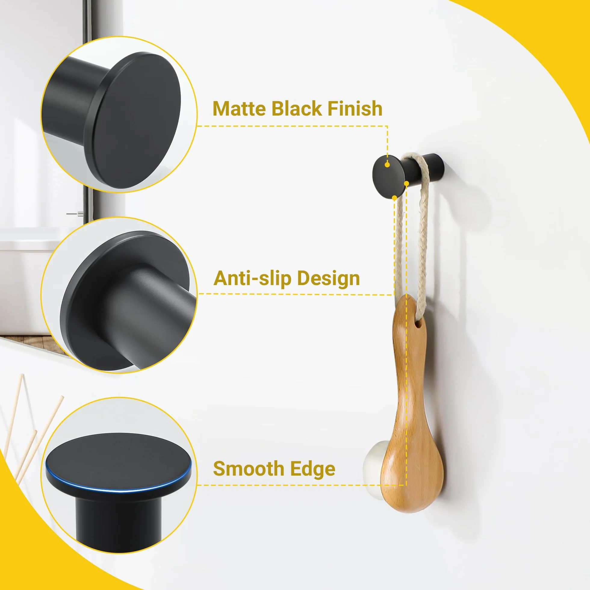 SAYAYO Gancho Pared, Colgador Toalla Baño Negro, Ganchos para Abrigos SUS304 Acero inoxidable Ganchos de Pared para Atornillar Ganchos para Baño, Cocina, Dormitorio, 2 Piezas