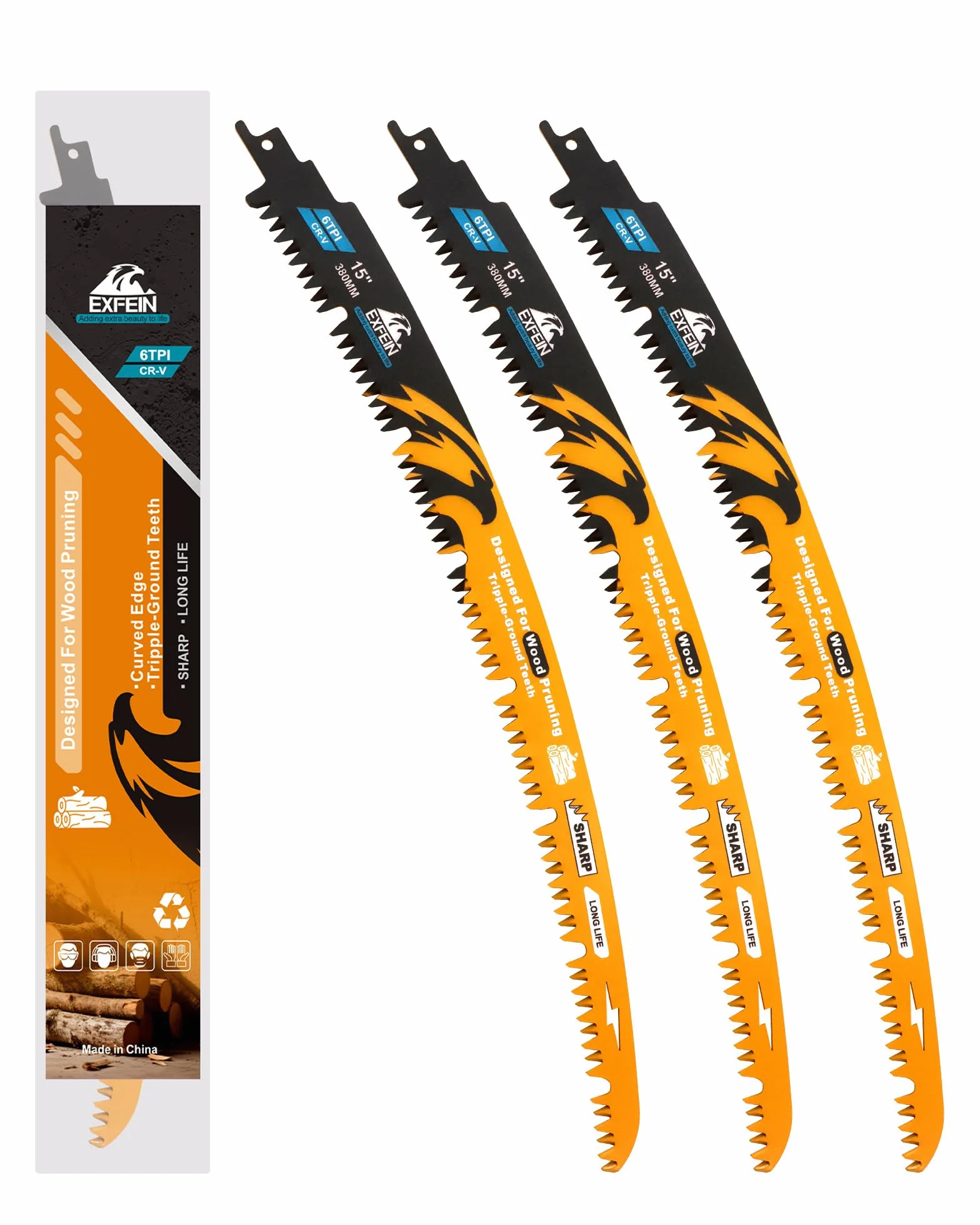 Hojas de sierra alternantes 380 mm 6TPI dientes japoneses borde curvo 3 unidades para podar madera