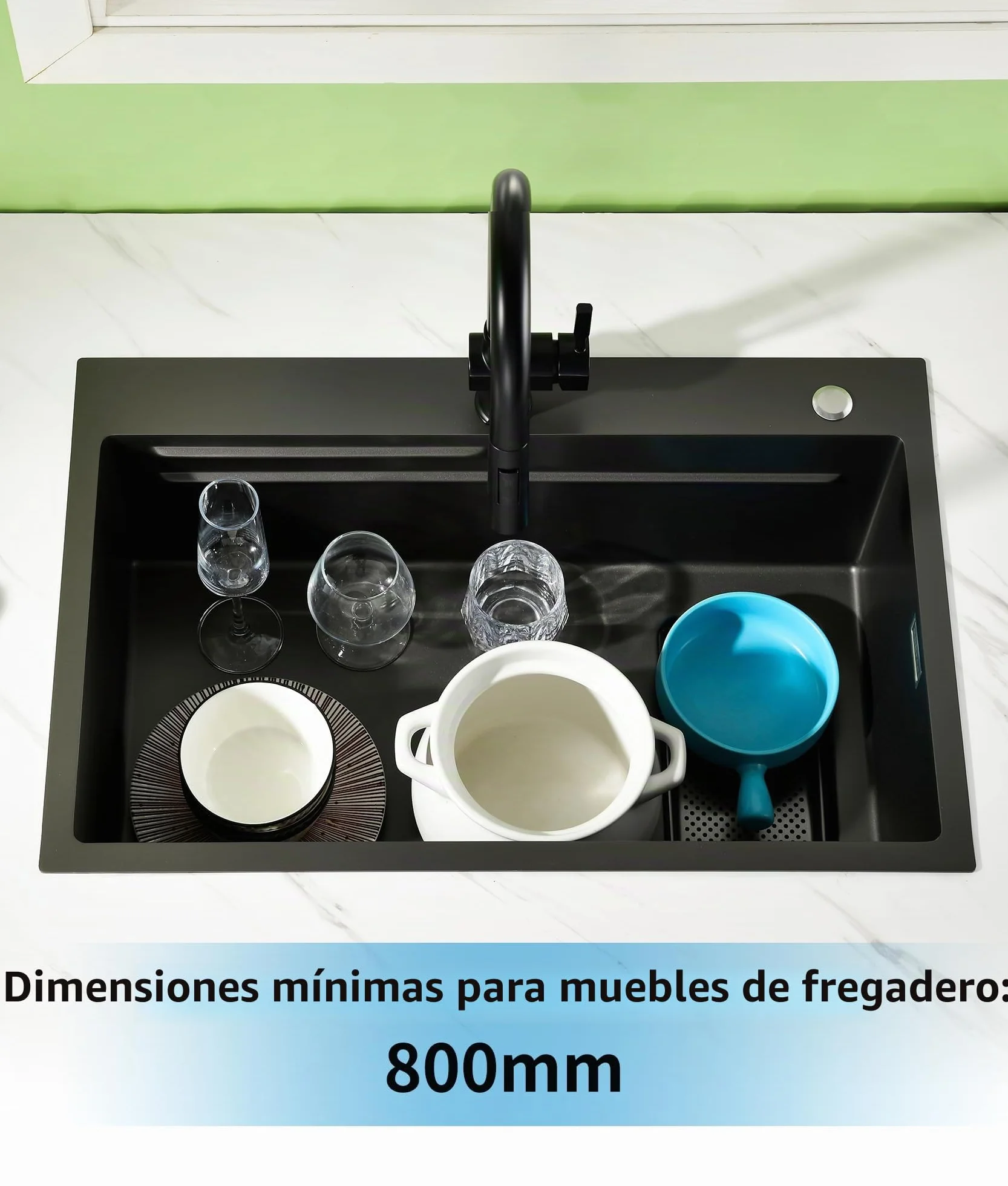 Fregadero Cocina Negro Acero Inoxidable 70×45cm,Fregadero Cocina 1 Seno,2 Orificios para Grifo,Kit Completo con Canasta,Bandeja de descongelación,Cestade Desagüe,Sifón