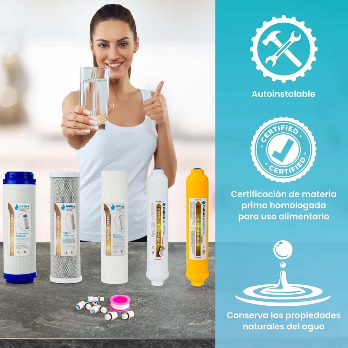 Kit de 5 Filtros Universales para Osmosis Inversa - Incluye Rollo de Teflón, Conectores y T - Ideal para Equipo de 6 Etapas Universal - Nature Water Professionals